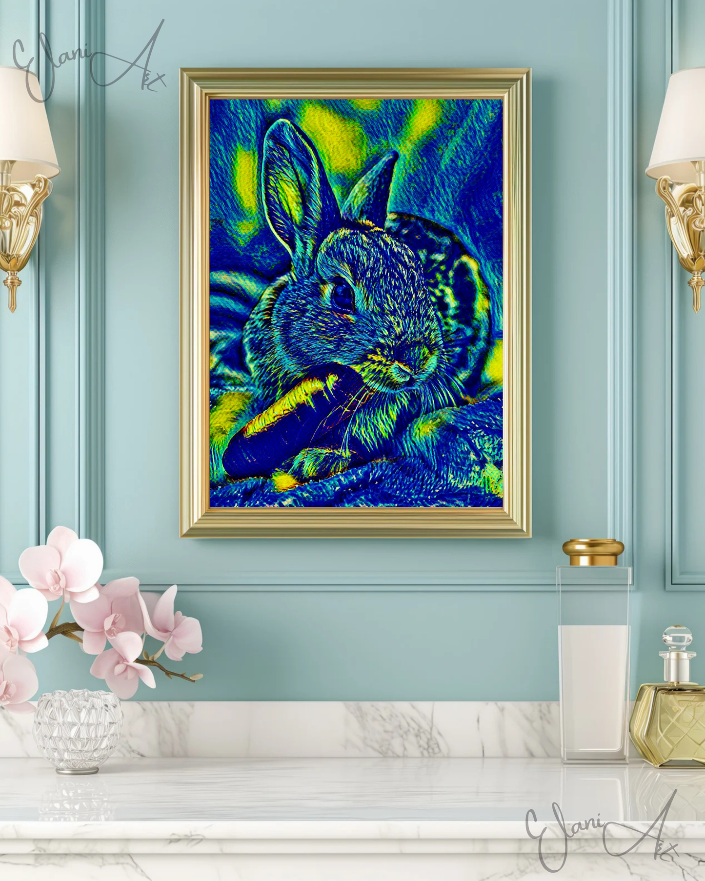 THE BUNNY AND THE CARROT - An Original Vibrant Blue Green Bunny Rabbit with a Carrot in Mouth Impressionistic Wall Artwork Print by ElaniArt