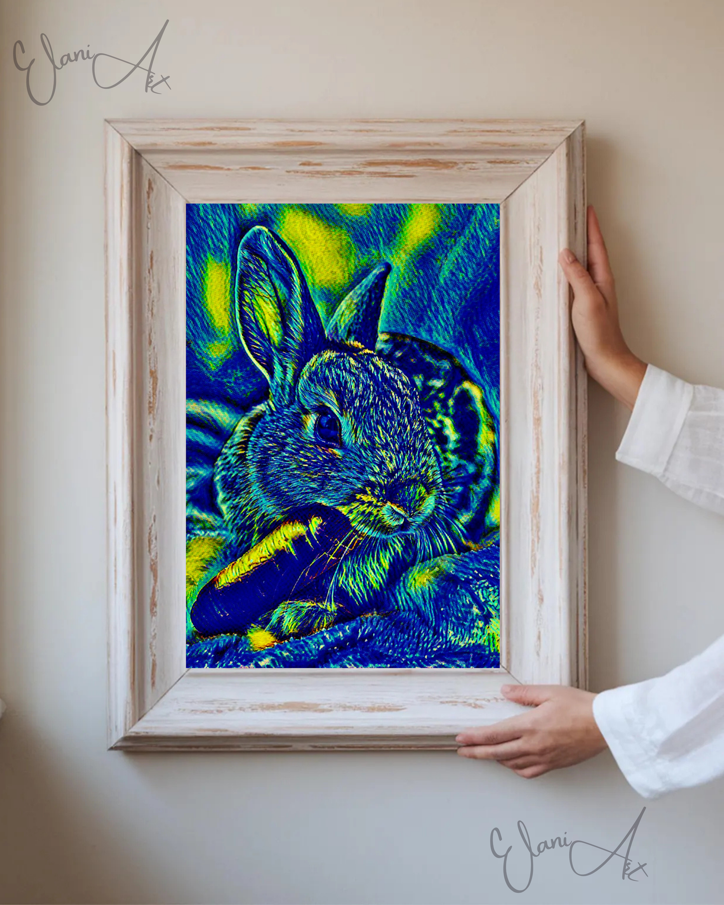 THE BUNNY AND THE CARROT - An Original Vibrant Blue Green Bunny Rabbit with a Carrot in Mouth Impressionistic Wall Artwork Print by ElaniArt