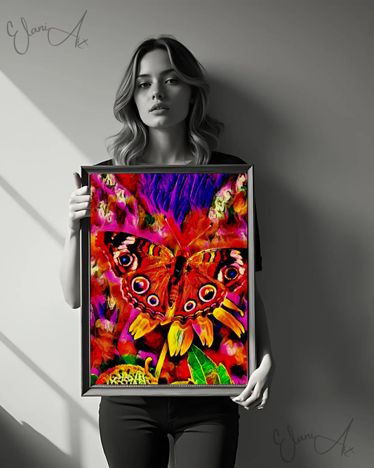 THE BUTTERFLY - An Original Vibrant Red Colorful Butterfly Colored Wings Close-Up Insect Portrait Impressionistic Artwork Print by ElaniArt