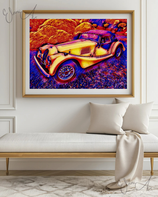 THE CAR - An Original Vibrant Red Colorful Car Morgan Plus 8 British Sports Car Automobile Impressionistic Wall Artwork Print by ElaniArt