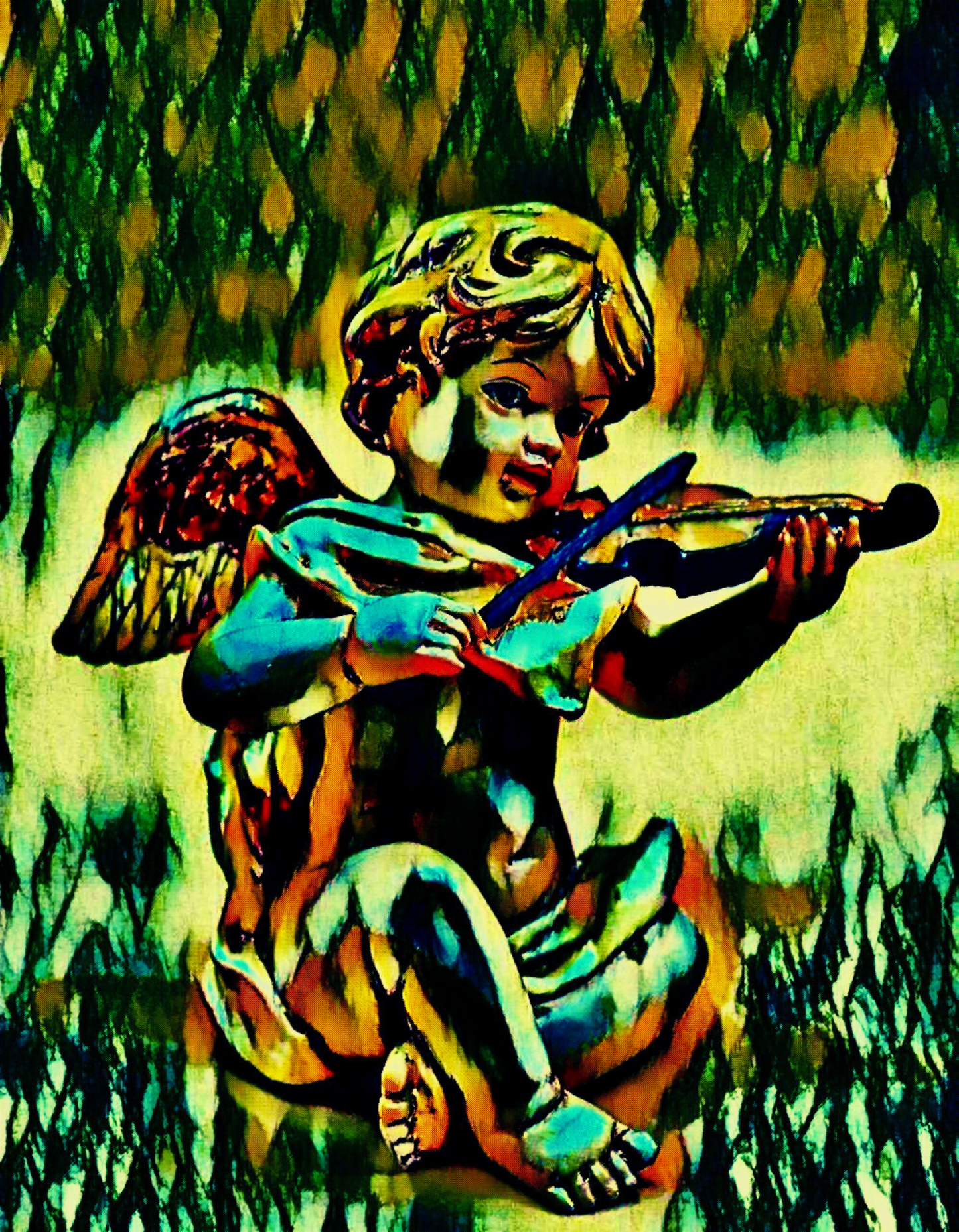 THE CHERUB SONG - An Original Vivid Cherub Putto Playing a Violin Heavenly Winged Infant Portrait Impressionistic Artwork Print by ElaniArt