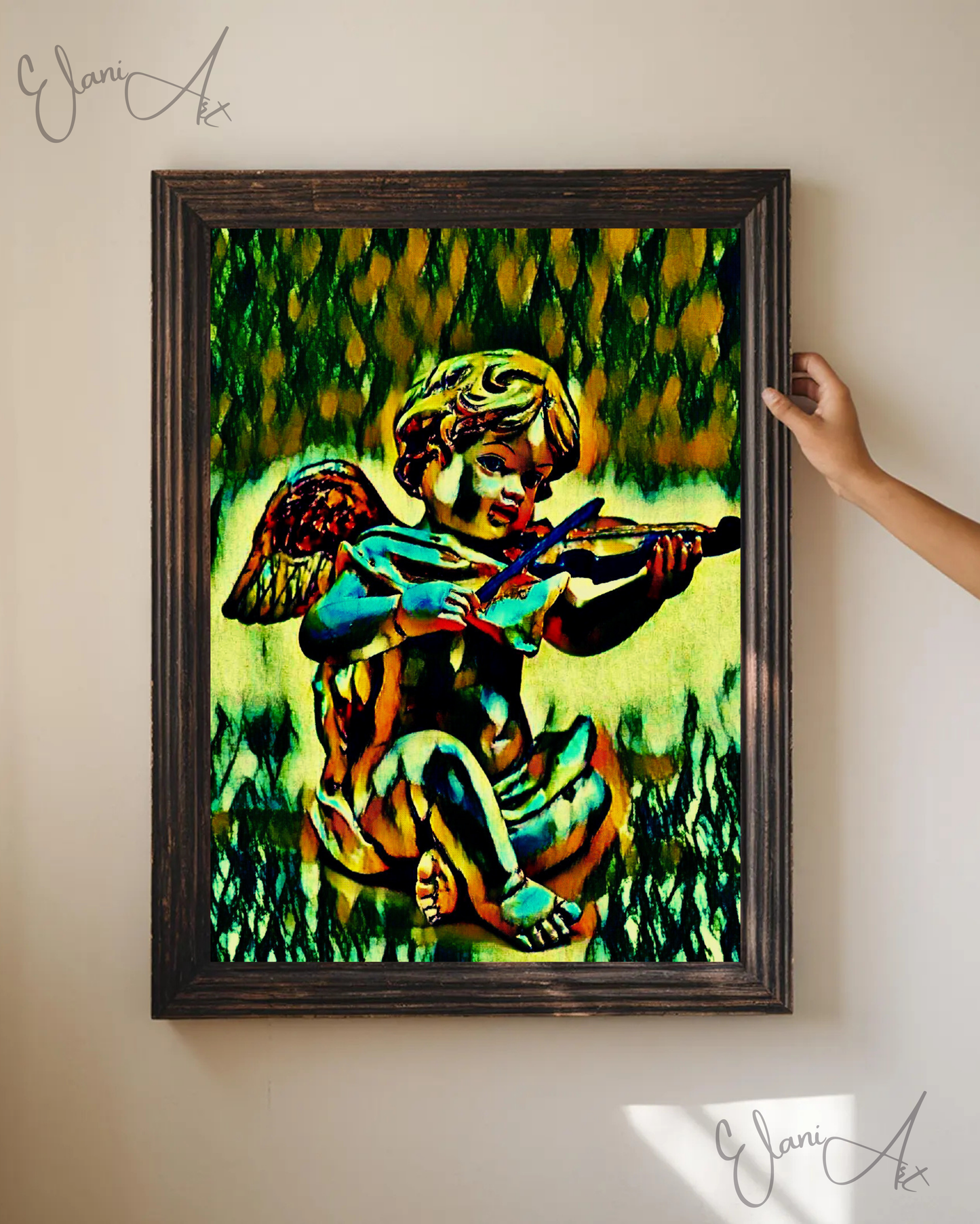 THE CHERUB SONG - An Original Vivid Cherub Putto Playing a Violin Heavenly Winged Infant Portrait Impressionistic Artwork Print by ElaniArt