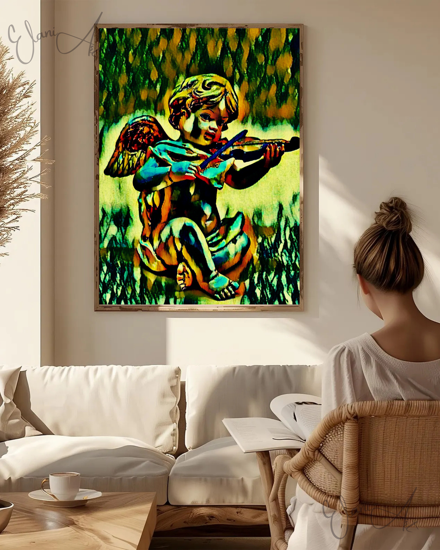 THE CHERUB SONG - An Original Vivid Cherub Putto Playing a Violin Heavenly Winged Infant Portrait Impressionistic Artwork Print by ElaniArt
