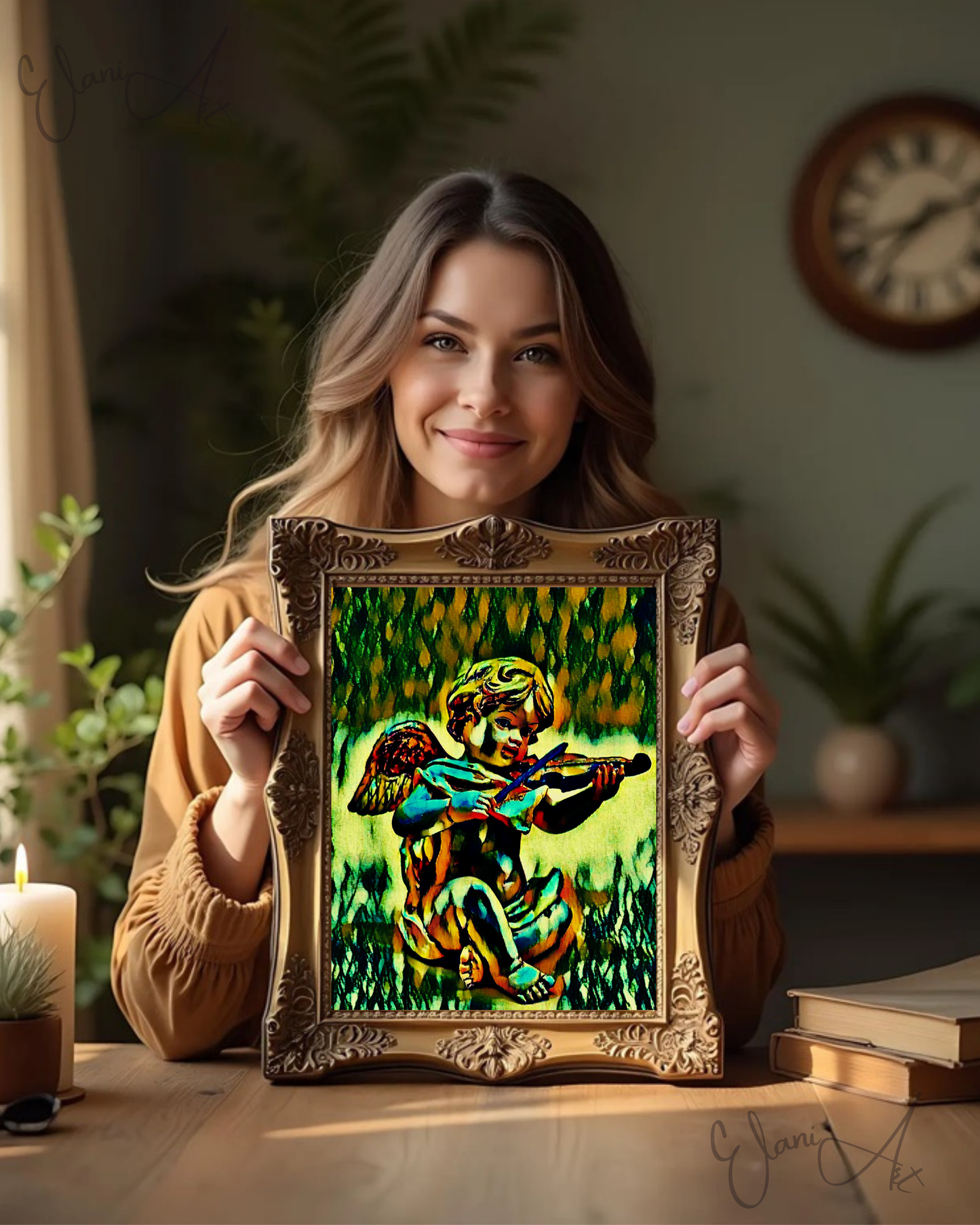 THE CHERUB SONG - An Original Vivid Cherub Putto Playing a Violin Heavenly Winged Infant Portrait Impressionistic Artwork Print by ElaniArt