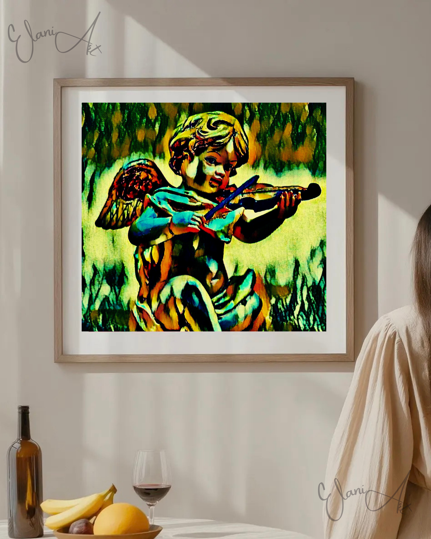 THE CHERUB SONG - An Original Vivid Cherub Putto Playing a Violin Heavenly Winged Infant Portrait Impressionistic Artwork Print by ElaniArt