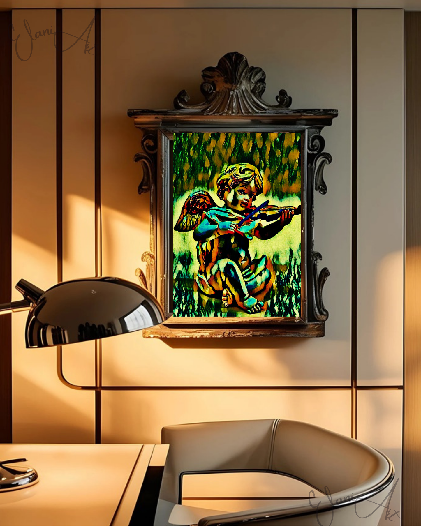 THE CHERUB SONG - An Original Vivid Cherub Putto Playing a Violin Heavenly Winged Infant Portrait Impressionistic Artwork Print by ElaniArt