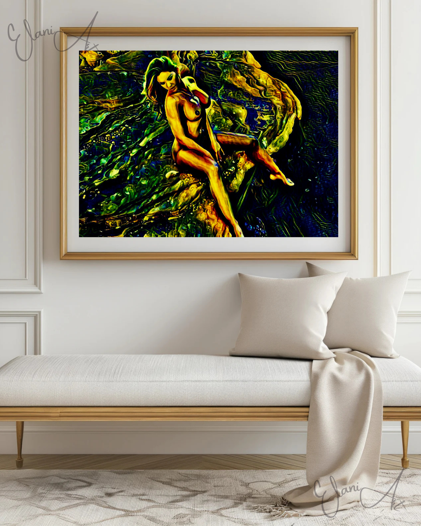 THE CLIFF - An Original Vivid Green Erotic Woman Nude Sitting on Cliff Portrait Impressionistic Wall Artwork Print - Erotic Art by ElaniArt