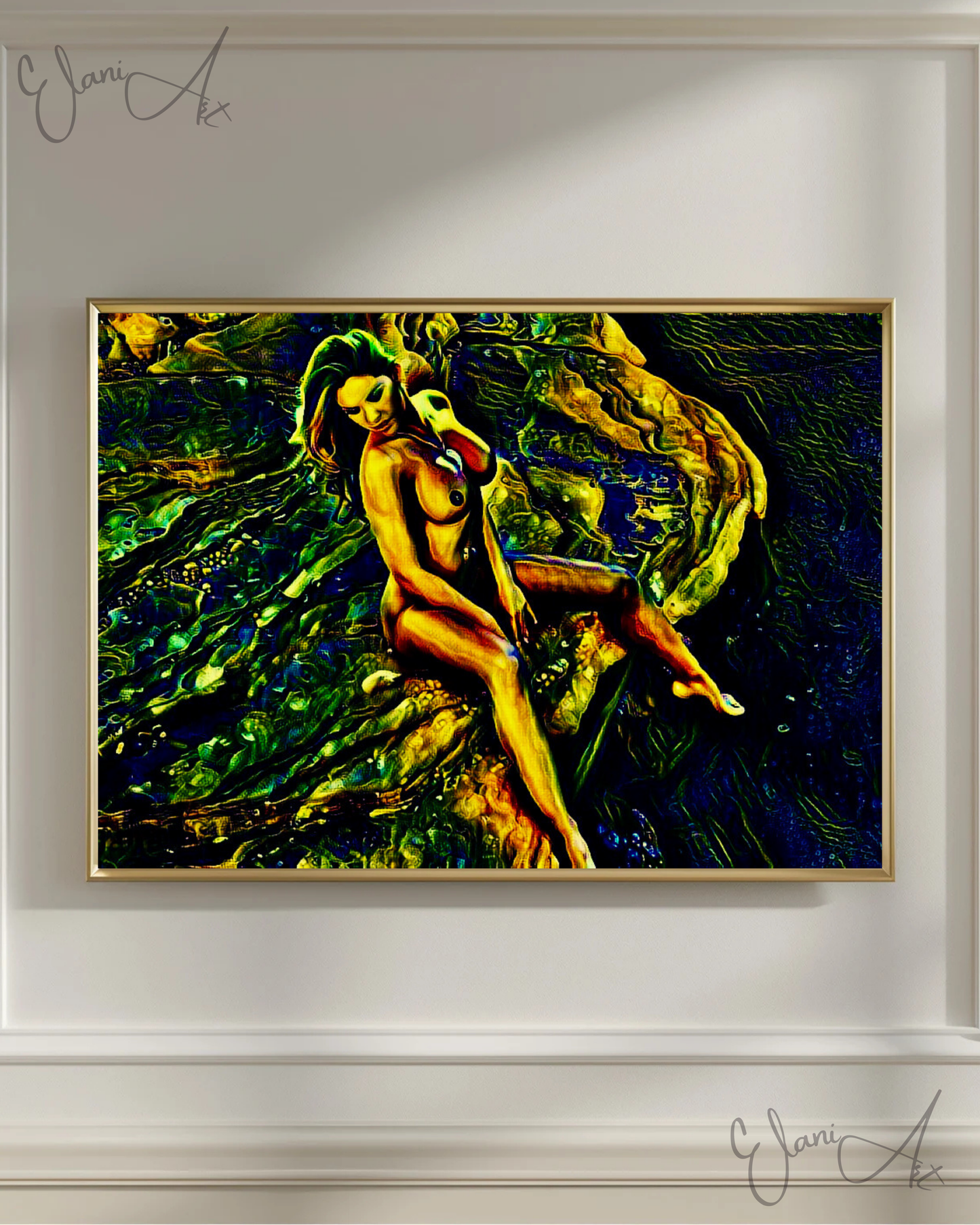 THE CLIFF - An Original Vivid Green Erotic Woman Nude Sitting on Cliff Portrait Impressionistic Wall Artwork Print - Erotic Art by ElaniArt