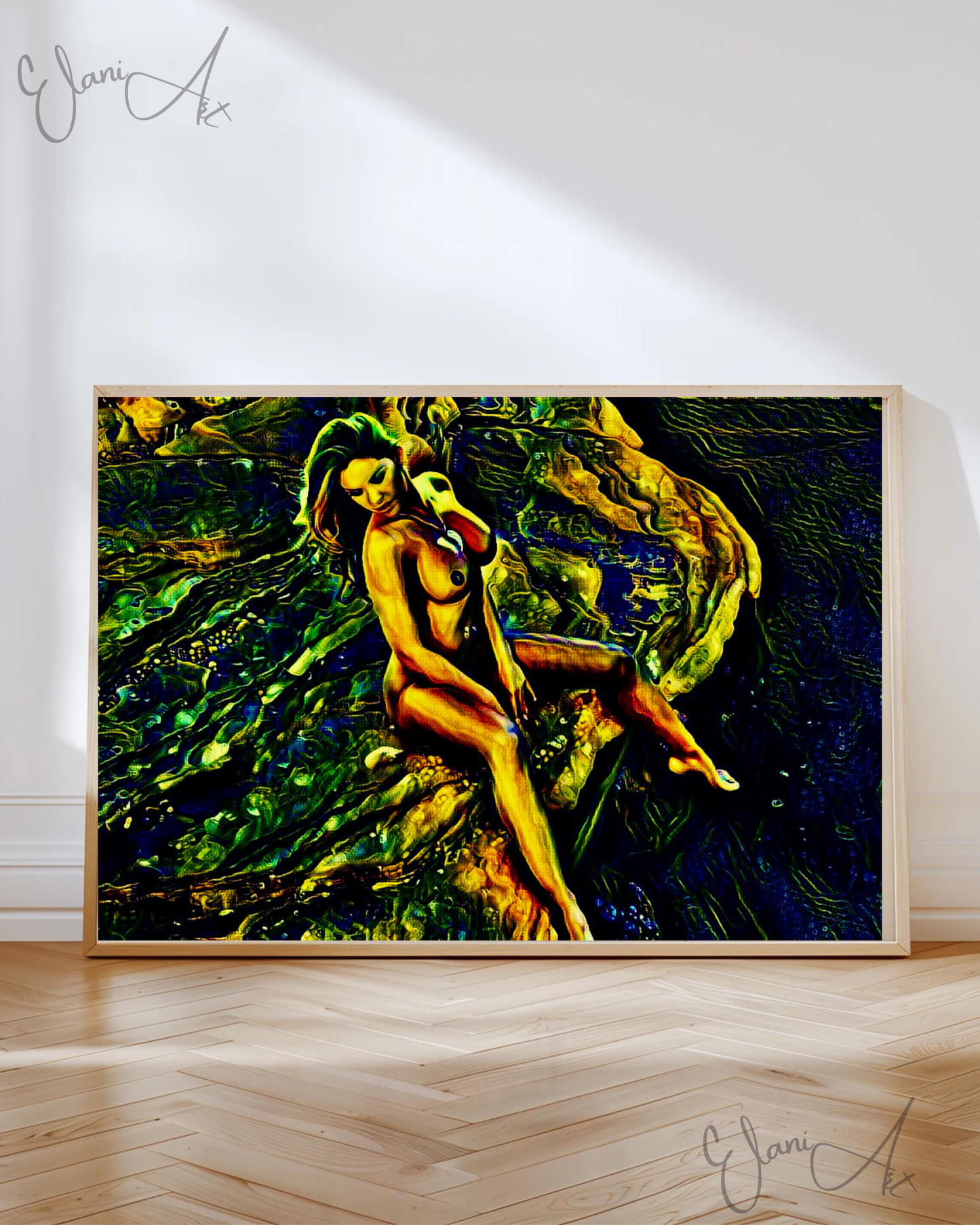 THE CLIFF - An Original Vivid Green Erotic Woman Nude Sitting on Cliff Portrait Impressionistic Wall Artwork Print - Erotic Art by ElaniArt