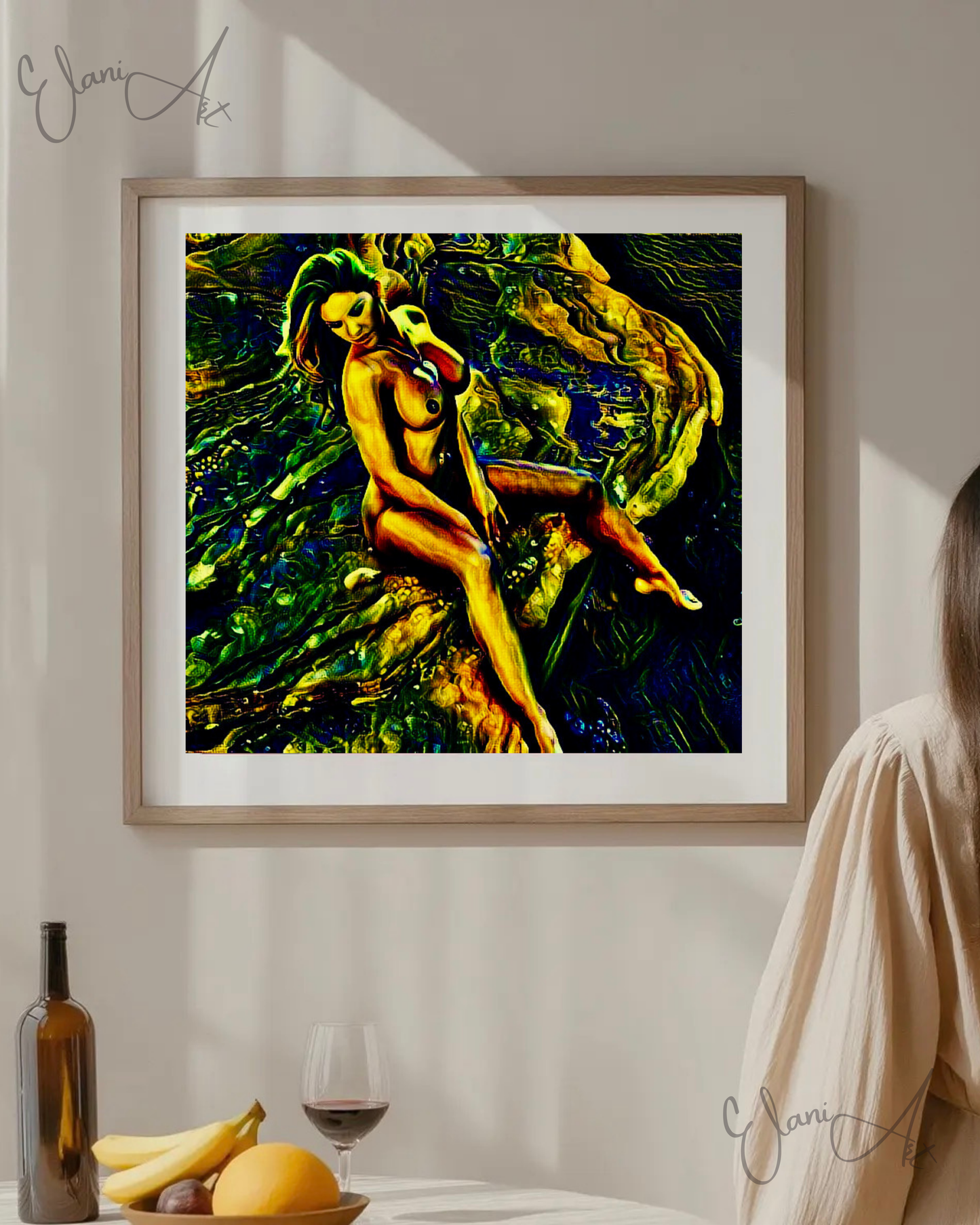 THE CLIFF - An Original Vivid Green Erotic Woman Nude Sitting on Cliff Portrait Impressionistic Wall Artwork Print - Erotic Art by ElaniArt