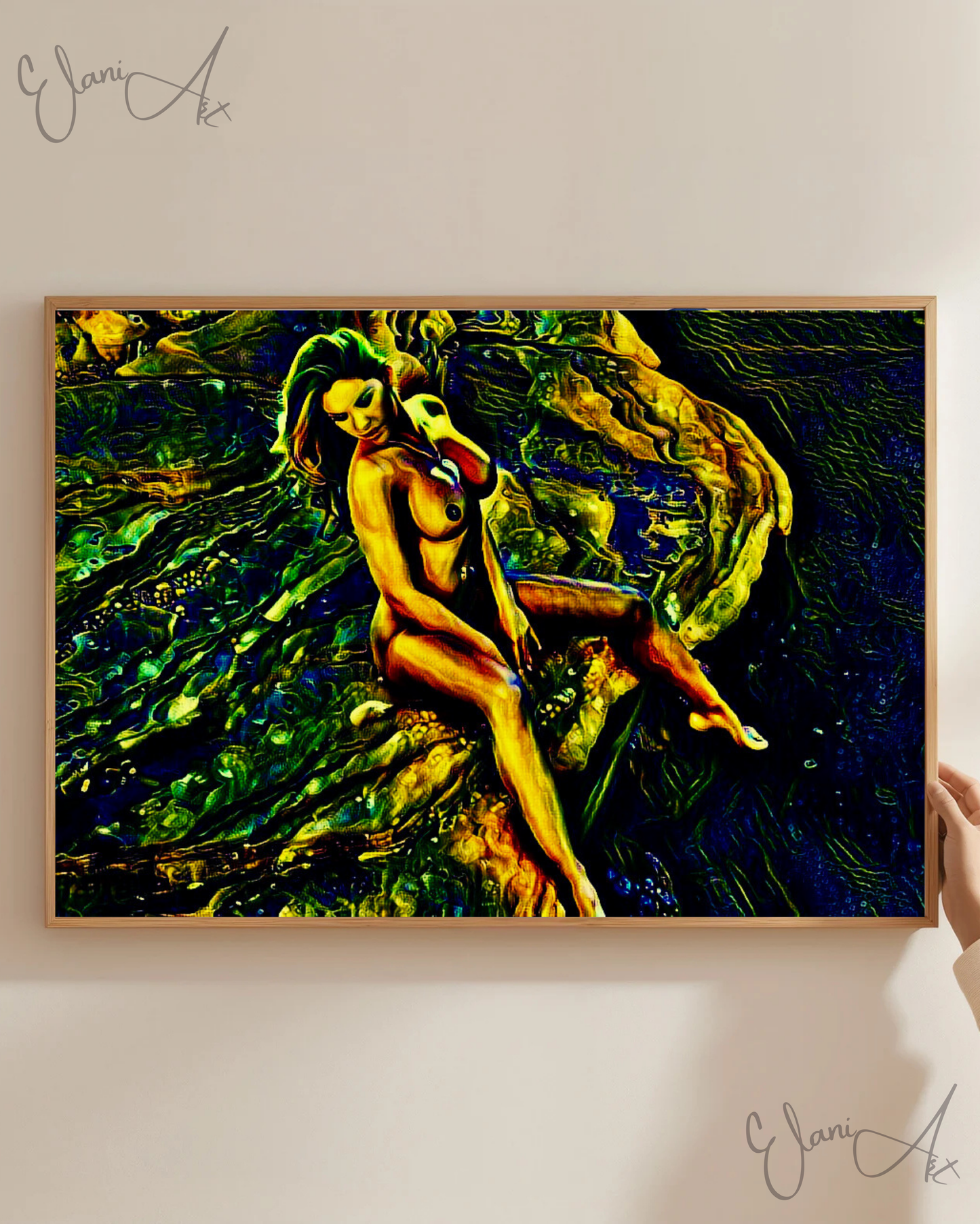 THE CLIFF - An Original Vivid Green Erotic Woman Nude Sitting on Cliff Portrait Impressionistic Wall Artwork Print - Erotic Art by ElaniArt