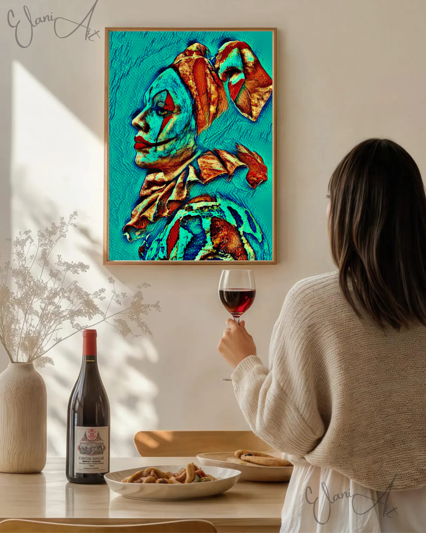 THE CLOWN - An Original Vibrant Blue Green Teal Melancholy Clown Portrait Makeup Costume Impressionistic Wall Artwork Print by ElaniArt