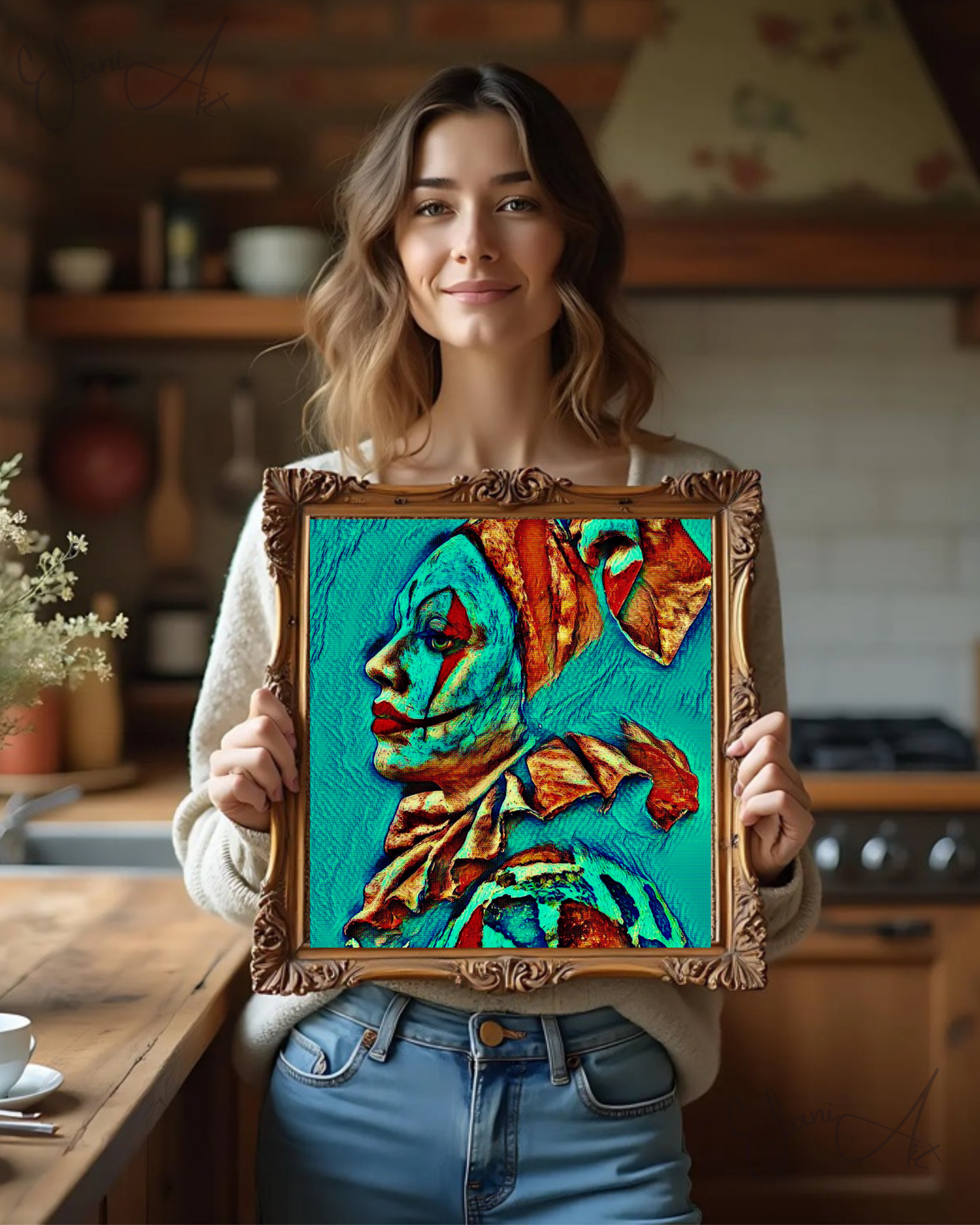 THE CLOWN - An Original Vibrant Blue Green Teal Melancholy Clown Portrait Makeup Costume Impressionistic Wall Artwork Print by ElaniArt