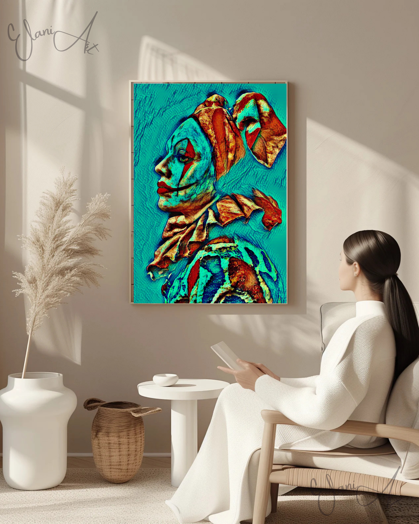 THE CLOWN - An Original Vibrant Blue Green Teal Melancholy Clown Portrait Makeup Costume Impressionistic Wall Artwork Print by ElaniArt