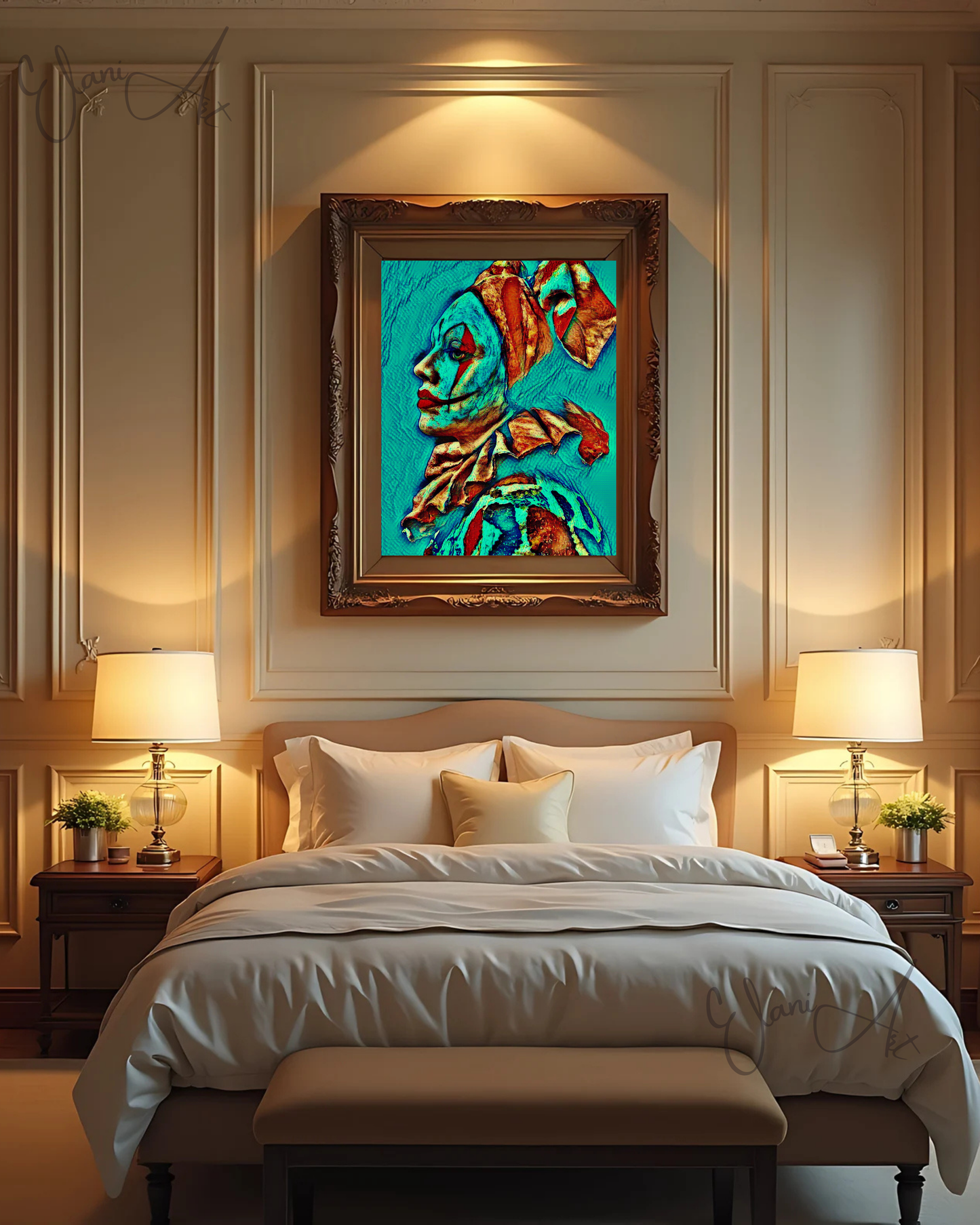 THE CLOWN - An Original Vibrant Blue Green Teal Melancholy Clown Portrait Makeup Costume Impressionistic Wall Artwork Print by ElaniArt