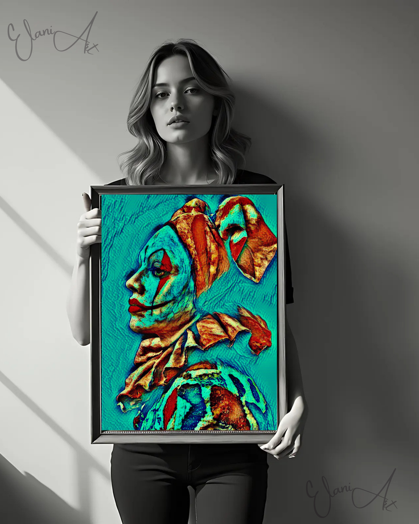 THE CLOWN - An Original Vibrant Blue Green Teal Melancholy Clown Portrait Makeup Costume Impressionistic Wall Artwork Print by ElaniArt