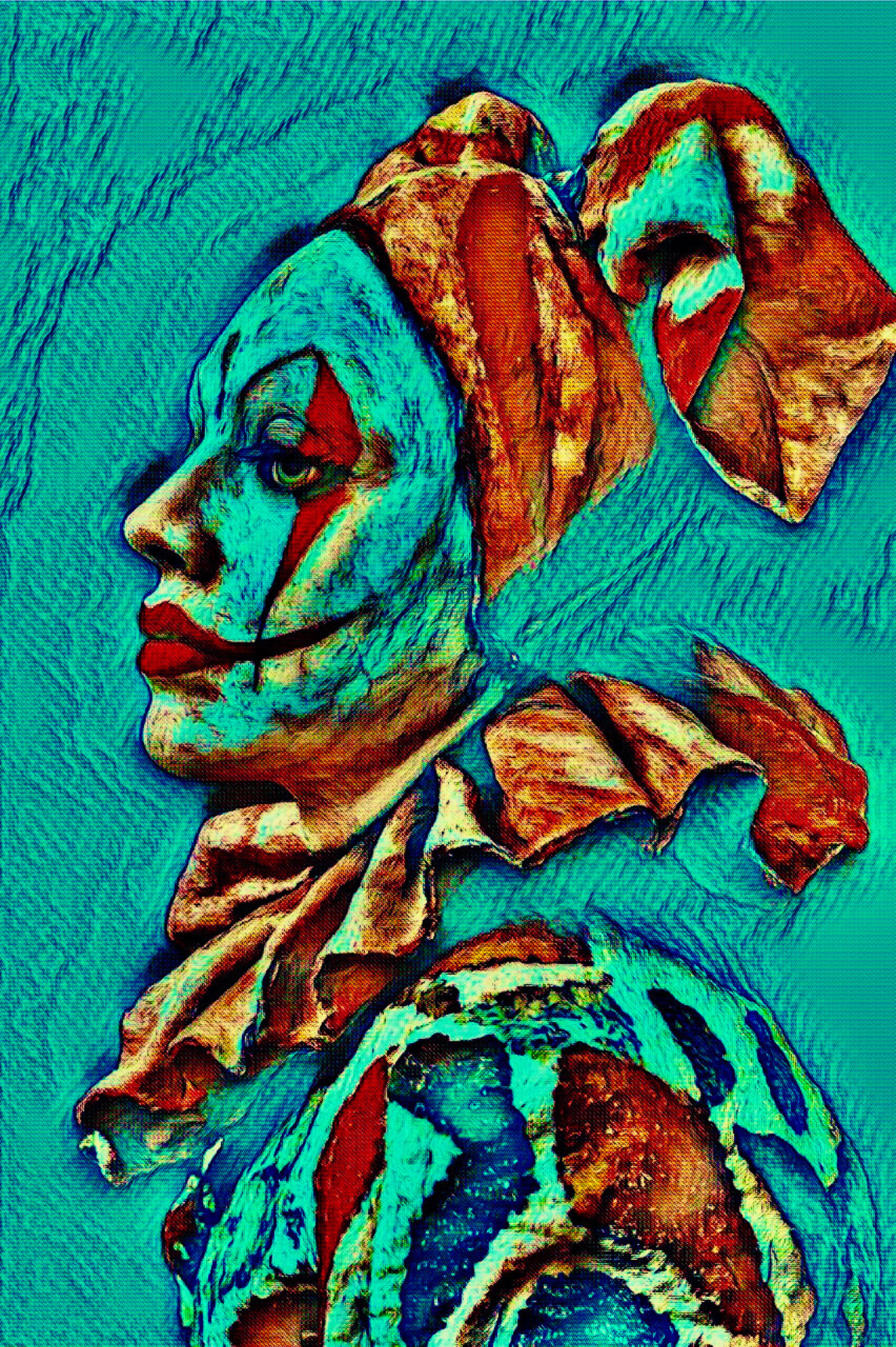 THE CLOWN - An Original Vibrant Blue Green Teal Melancholy Clown Portrait Makeup Costume Impressionistic Wall Artwork Print by ElaniArt