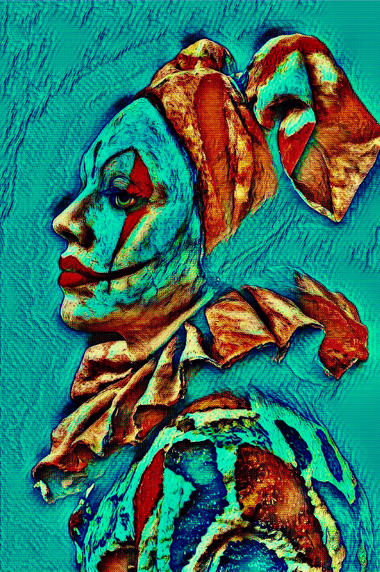 THE CLOWN - An Original Vibrant Blue Green Teal Melancholy Clown Portrait Makeup Costume Impressionistic Wall Artwork Print by ElaniArt