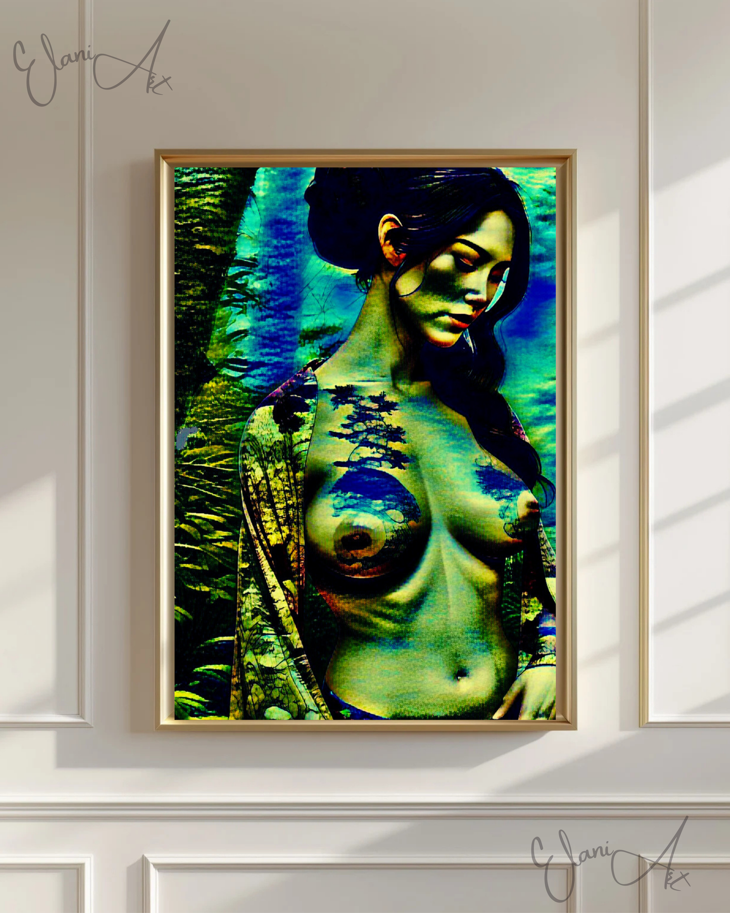 THE DEMURE - An Original Vivid Blue Green Erotic Japanese Woman Topless Kimono Tattoo Impressionistic Artwork Print - Erotic Art by ElaniArt