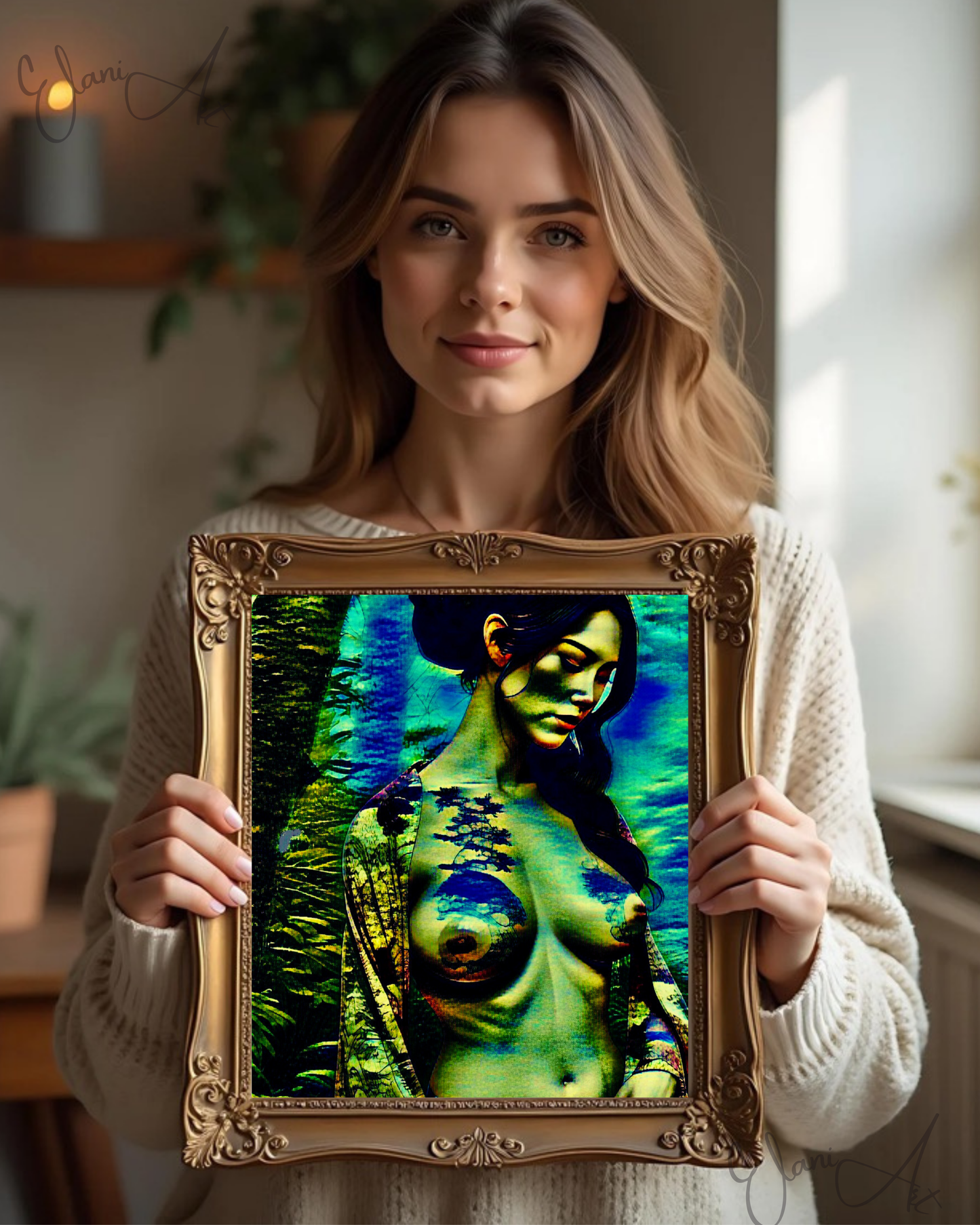 THE DEMURE - An Original Vivid Blue Green Erotic Japanese Woman Topless Kimono Tattoo Impressionistic Artwork Print - Erotic Art by ElaniArt