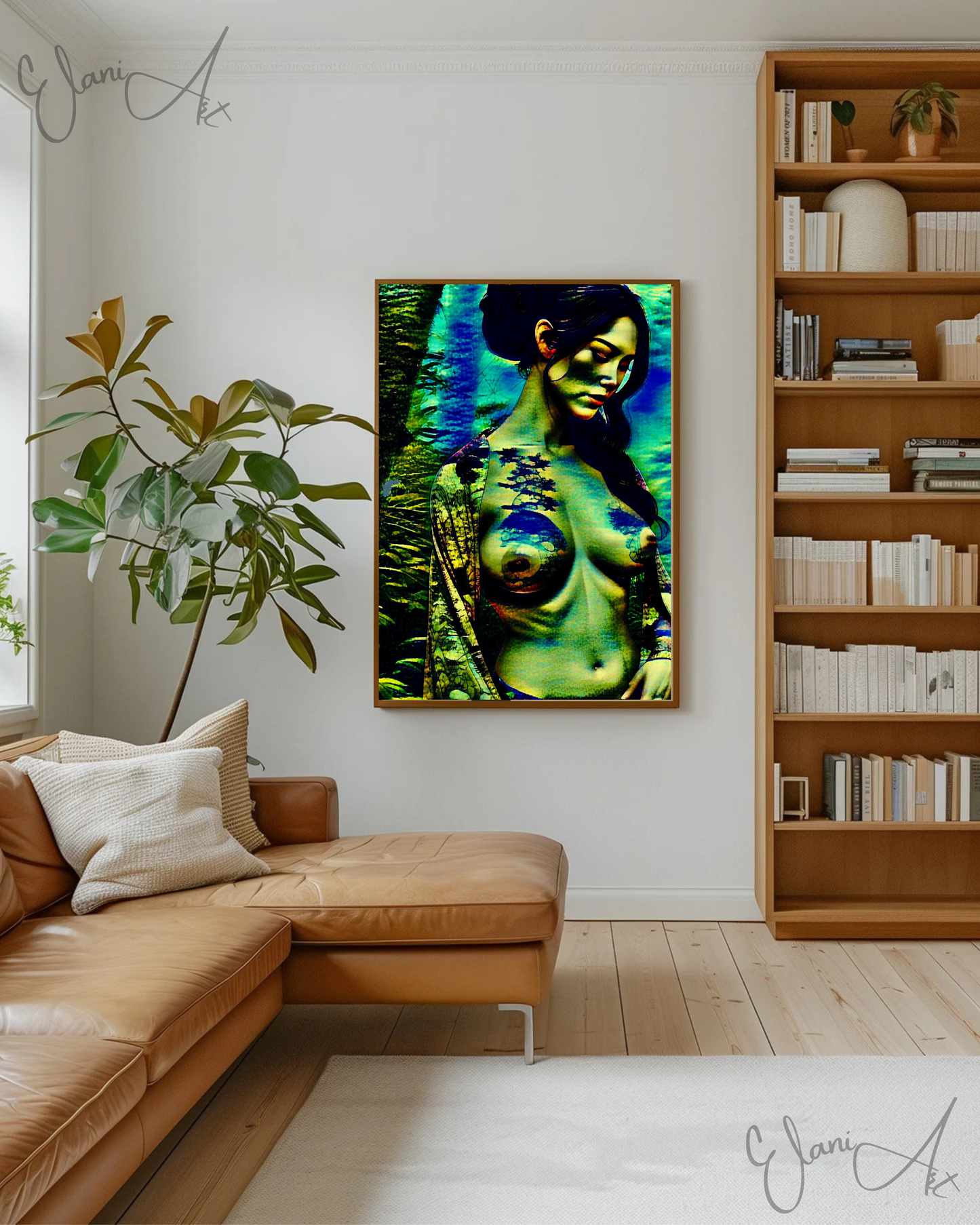 THE DEMURE - An Original Vivid Blue Green Erotic Japanese Woman Topless Kimono Tattoo Impressionistic Artwork Print - Erotic Art by ElaniArt