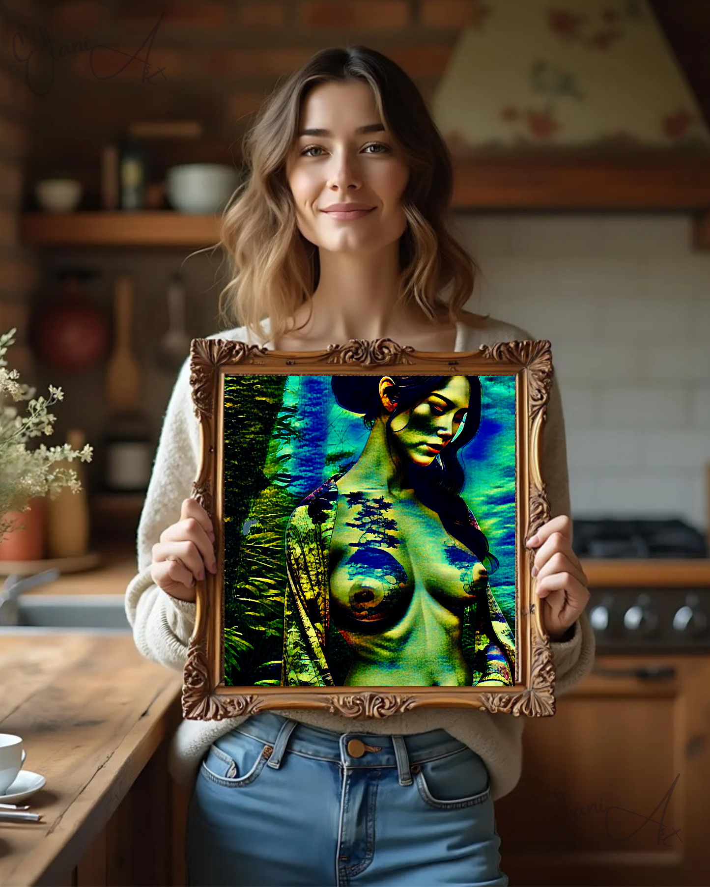 THE DEMURE - An Original Vivid Blue Green Erotic Japanese Woman Topless Kimono Tattoo Impressionistic Artwork Print - Erotic Art by ElaniArt