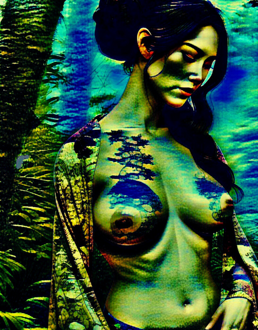THE DEMURE - An Original Vivid Blue Green Erotic Japanese Woman Topless Kimono Tattoo Impressionistic Artwork Print - Erotic Art by ElaniArt