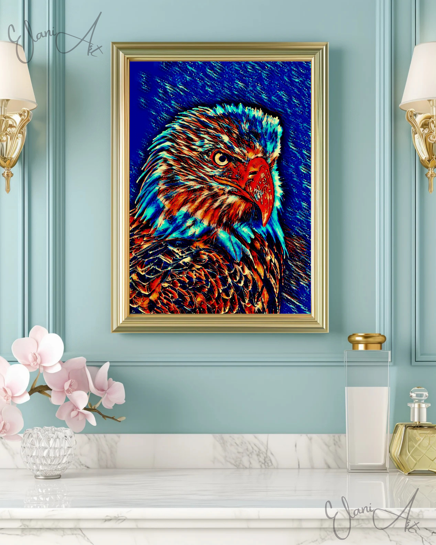THE EAGLE - An Original Vibrant Blue Bald Eagle Majestic Bird Symbol Power Freedom Wildlife Impressionistic Wall Artwork Print by ElaniArt