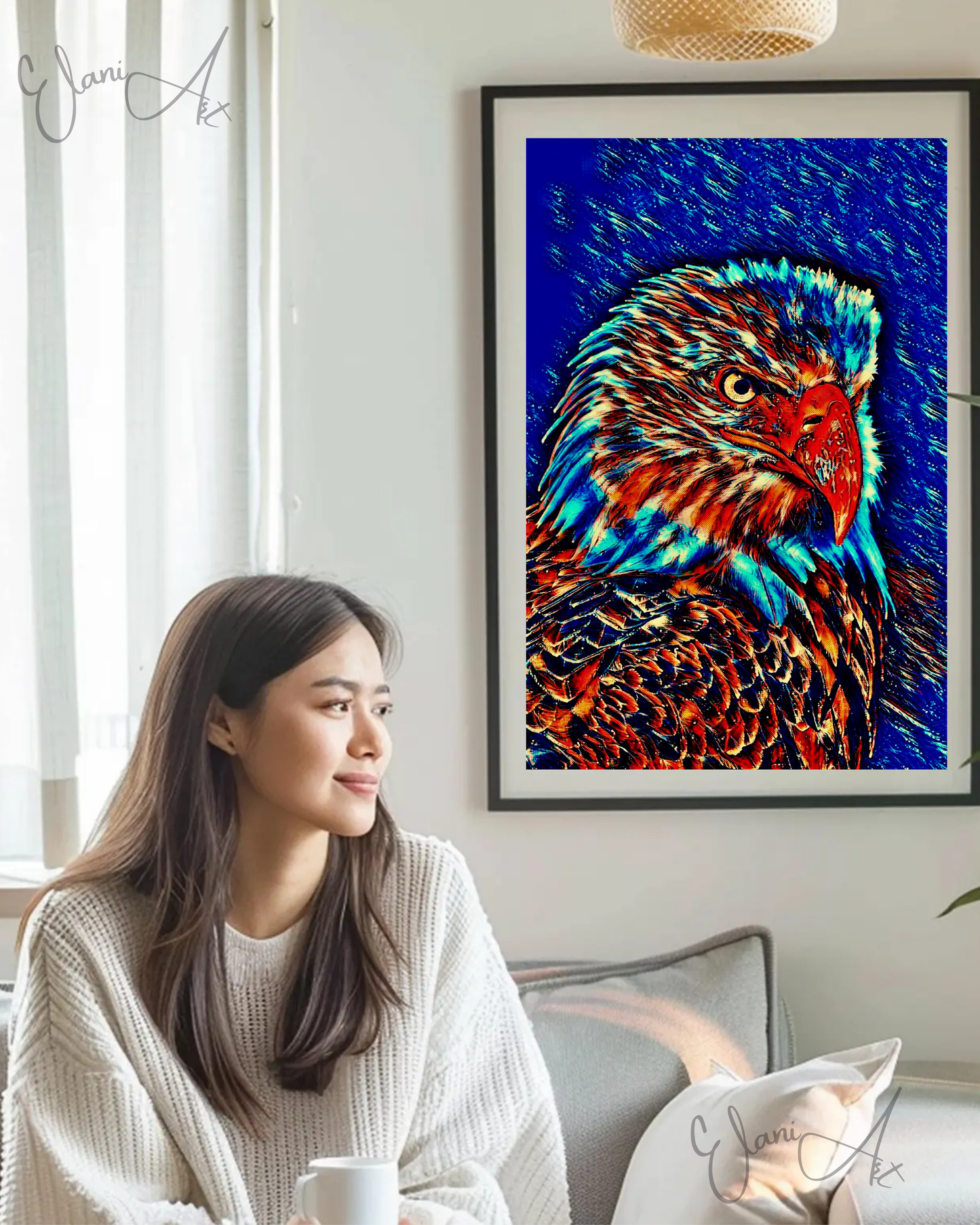 THE EAGLE - An Original Vibrant Blue Bald Eagle Majestic Bird Symbol Power Freedom Wildlife Impressionistic Wall Artwork Print by ElaniArt