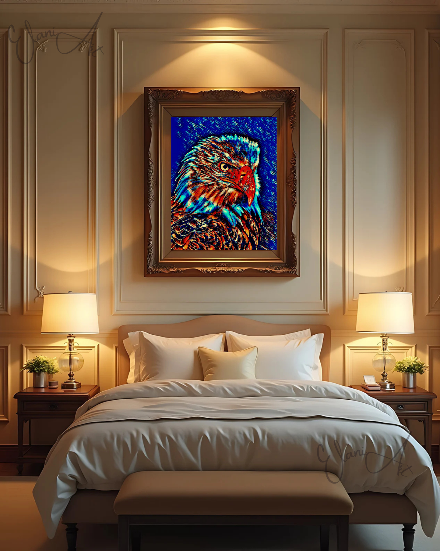 THE EAGLE - An Original Vibrant Blue Bald Eagle Majestic Bird Symbol Power Freedom Wildlife Impressionistic Wall Artwork Print by ElaniArt