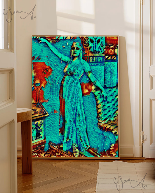 THE ELITE - An Original Vibrant Blue Colorful Ancient Egyptian Noblewoman Dress Gown Portrait Impressionistic Wall Artwork Print by ElaniArt