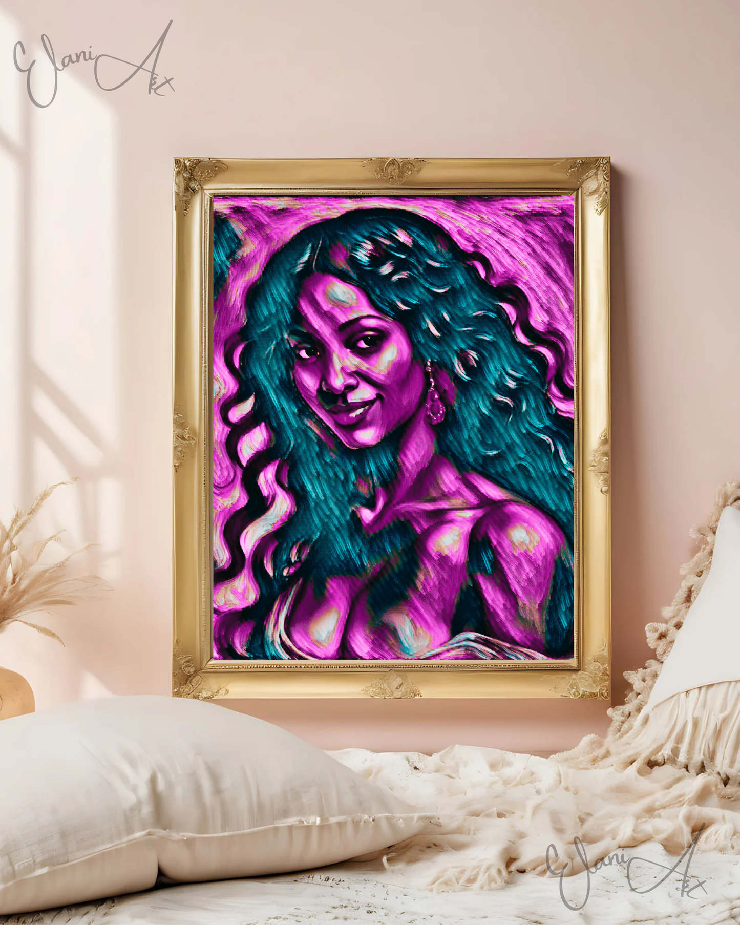 THE FEARLESS - An Original Vibrant Purple African American Woman Smile Portrait Black Wavy Hair Impressionistic Artwork Print by ElaniArt
