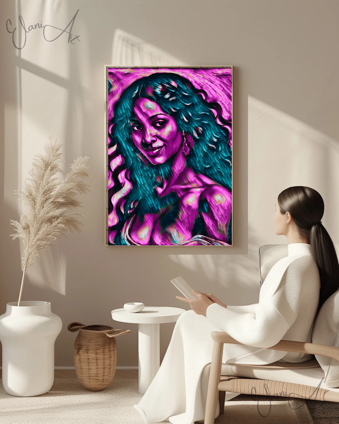 THE FEARLESS - An Original Vibrant Purple African American Woman Smile Portrait Black Wavy Hair Impressionistic Artwork Print by ElaniArt