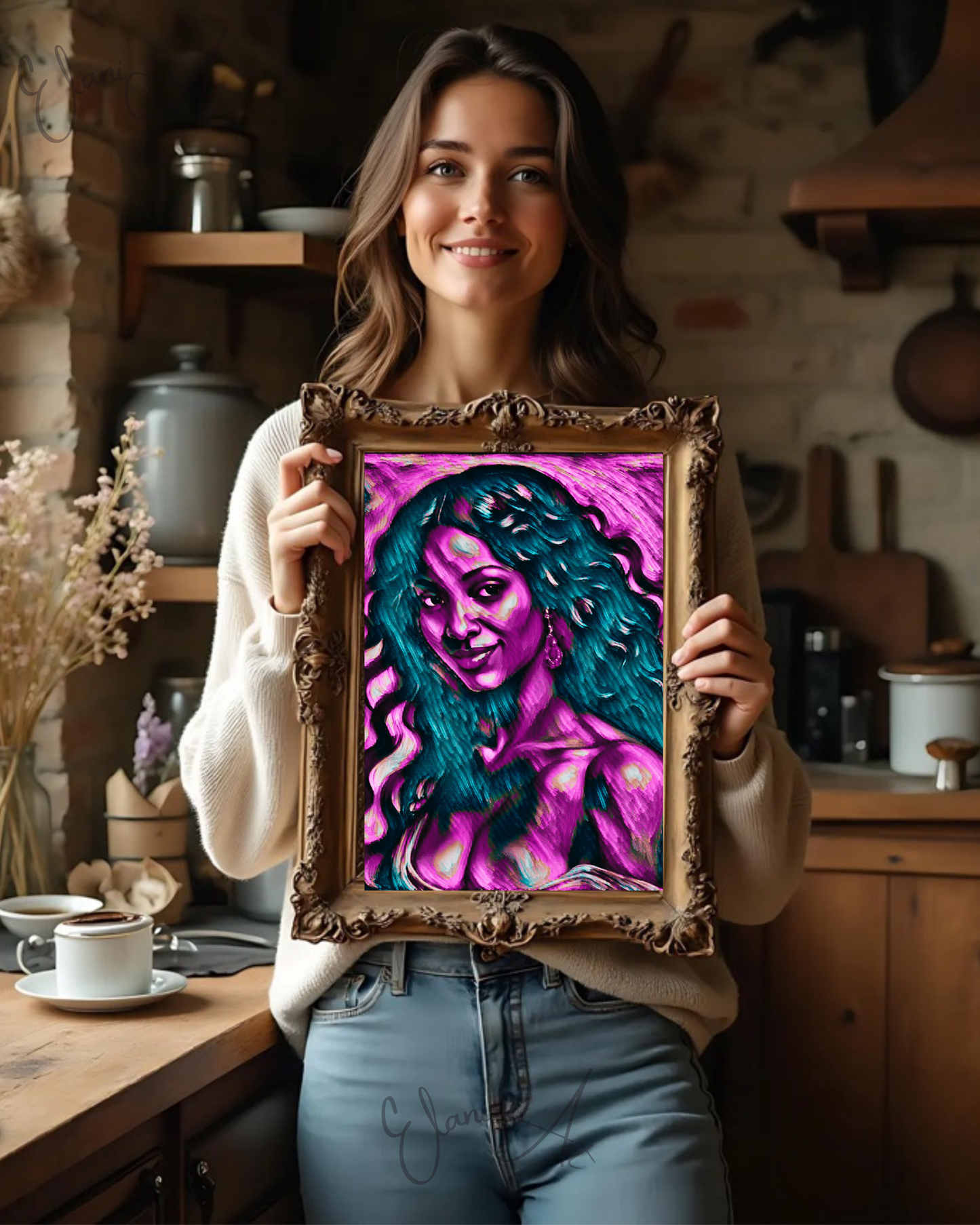 THE FEARLESS - An Original Vibrant Purple African American Woman Smile Portrait Black Wavy Hair Impressionistic Artwork Print by ElaniArt