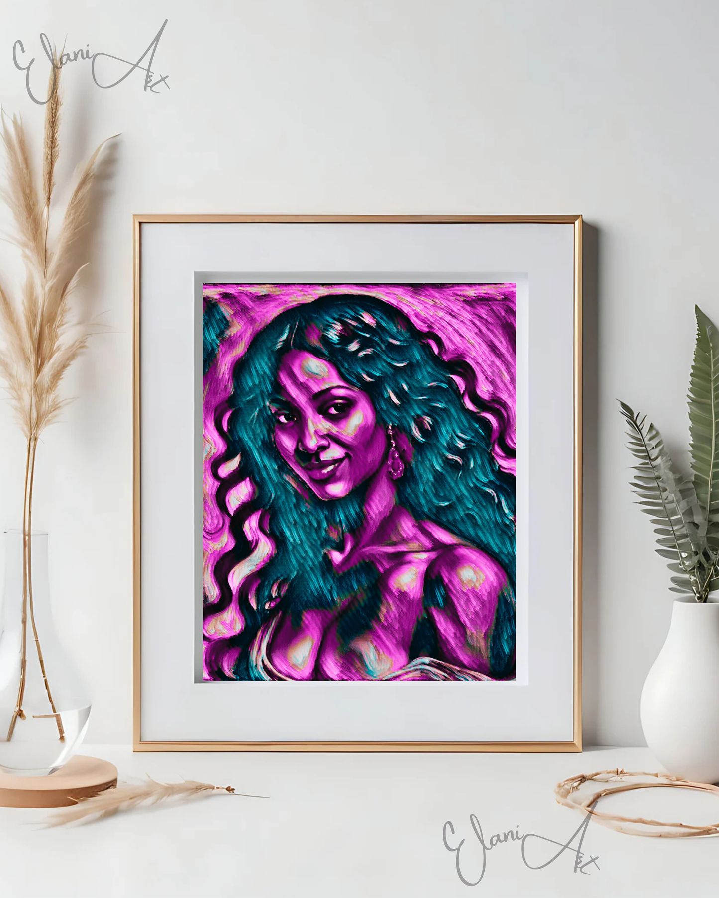 THE FEARLESS - An Original Vibrant Purple African American Woman Smile Portrait Black Wavy Hair Impressionistic Artwork Print by ElaniArt