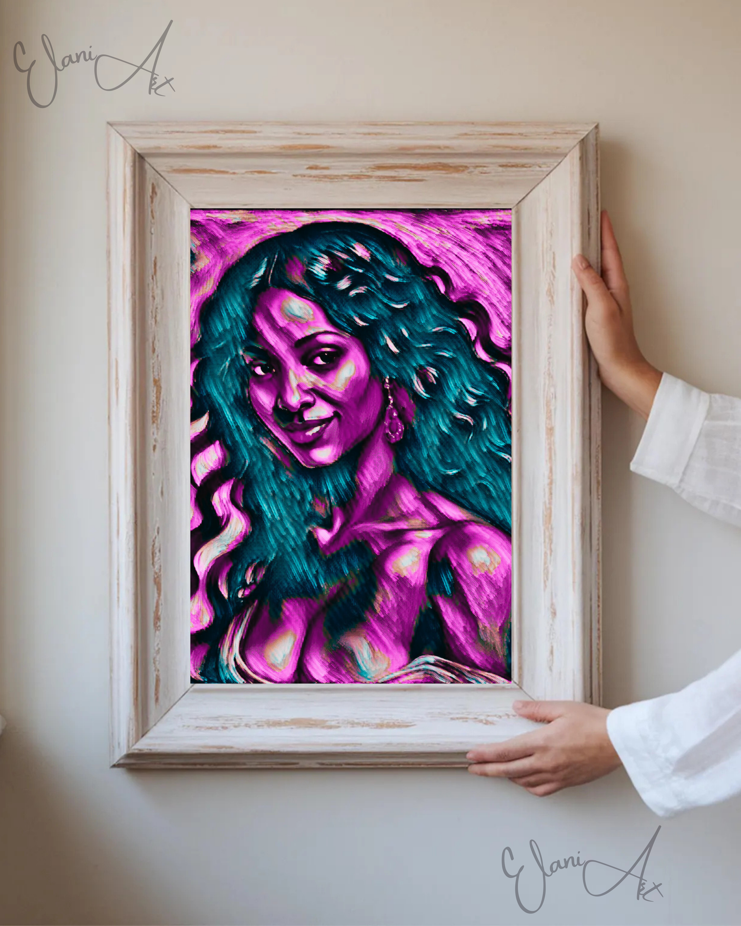 THE FEARLESS - An Original Vibrant Purple African American Woman Smile Portrait Black Wavy Hair Impressionistic Artwork Print by ElaniArt