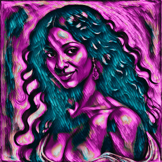 THE FEARLESS - An Original Vibrant Purple African American Woman Smile Portrait Black Wavy Hair Impressionistic Artwork Print by ElaniArt