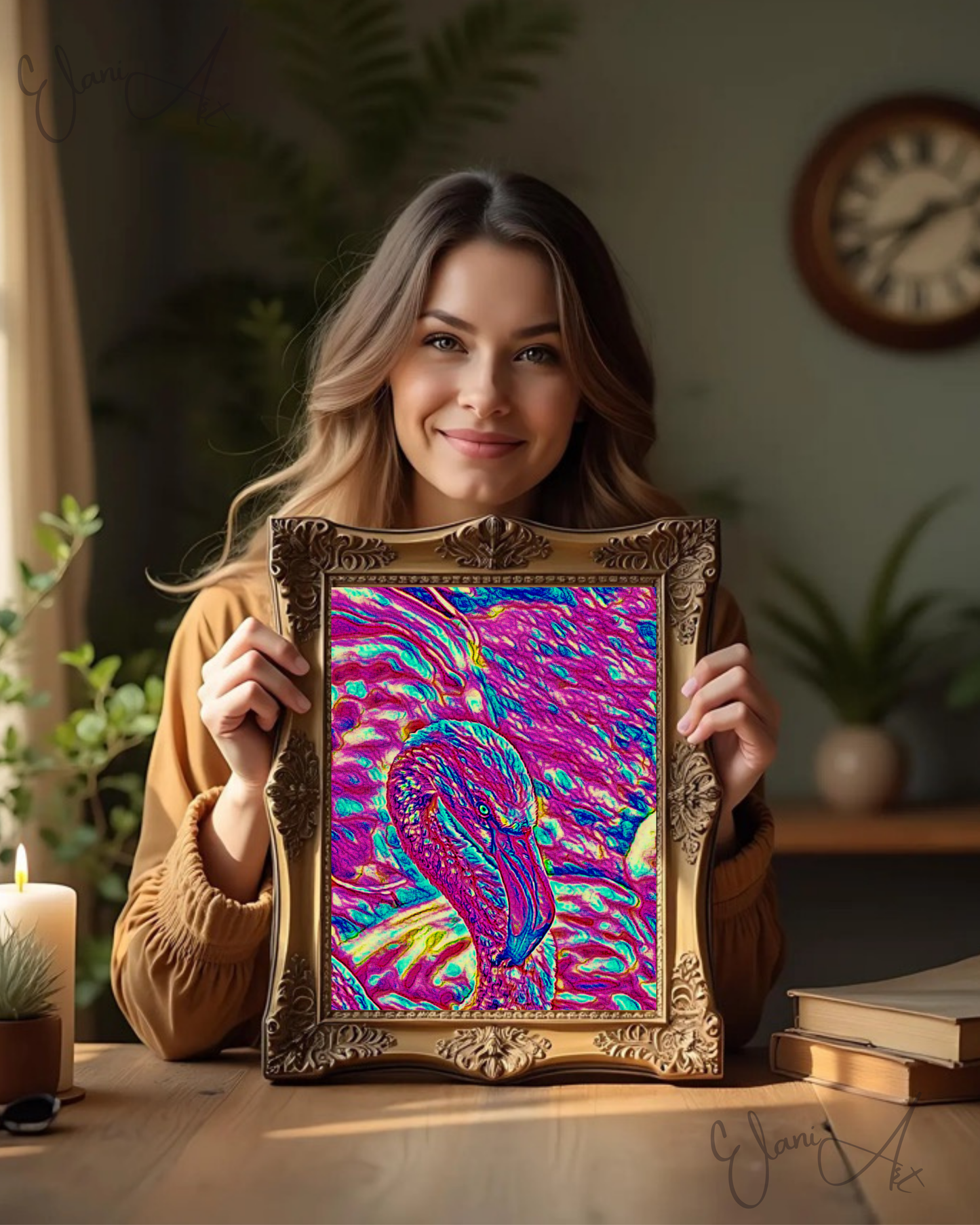 THE FLAMINGO - An Original Vibrant Pink Magenta Colorful Flamingo Bird Head Neck Close-Up Portrait Impressionistic Artwork Print by ElaniArt