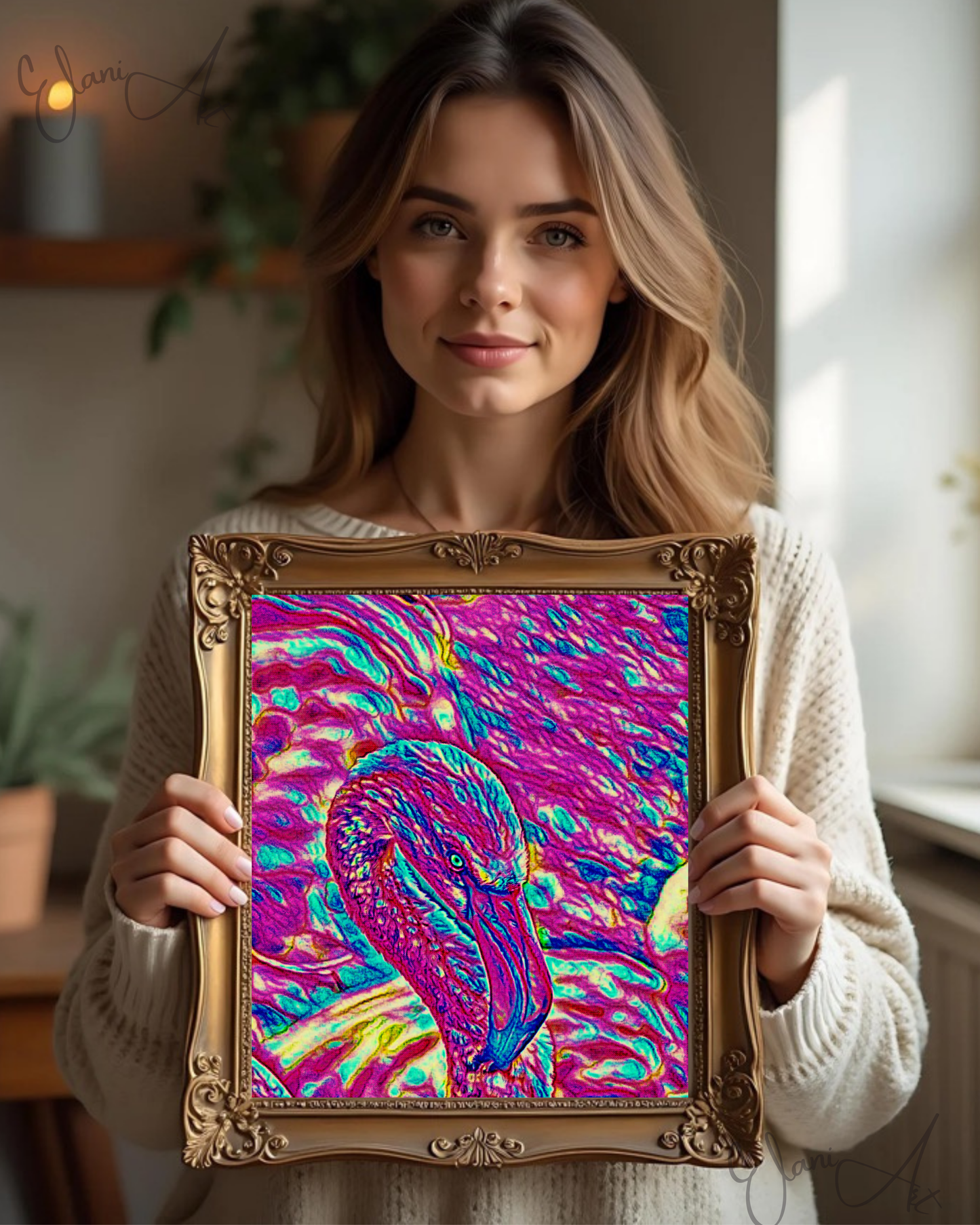 THE FLAMINGO - An Original Vibrant Pink Magenta Colorful Flamingo Bird Head Neck Close-Up Portrait Impressionistic Artwork Print by ElaniArt