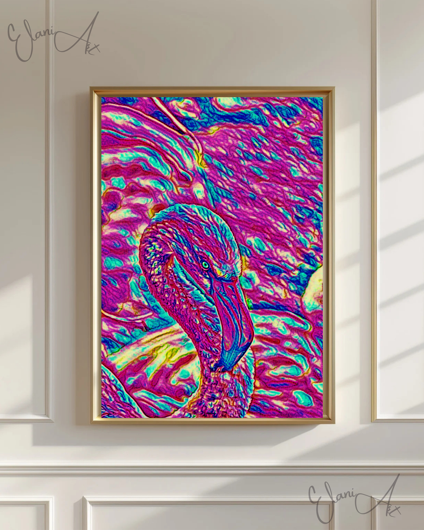 THE FLAMINGO - An Original Vibrant Pink Magenta Colorful Flamingo Bird Head Neck Close-Up Portrait Impressionistic Artwork Print by ElaniArt