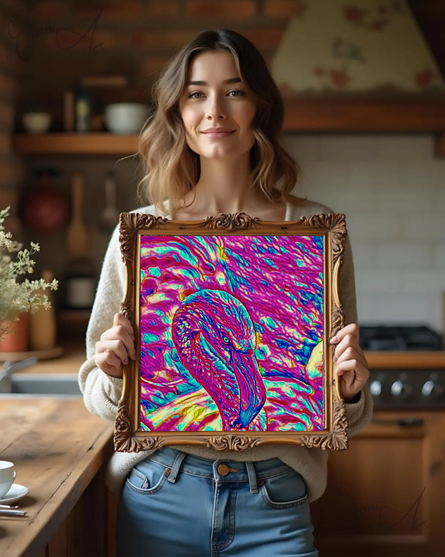 THE FLAMINGO - An Original Vibrant Pink Magenta Colorful Flamingo Bird Head Neck Close-Up Portrait Impressionistic Artwork Print by ElaniArt