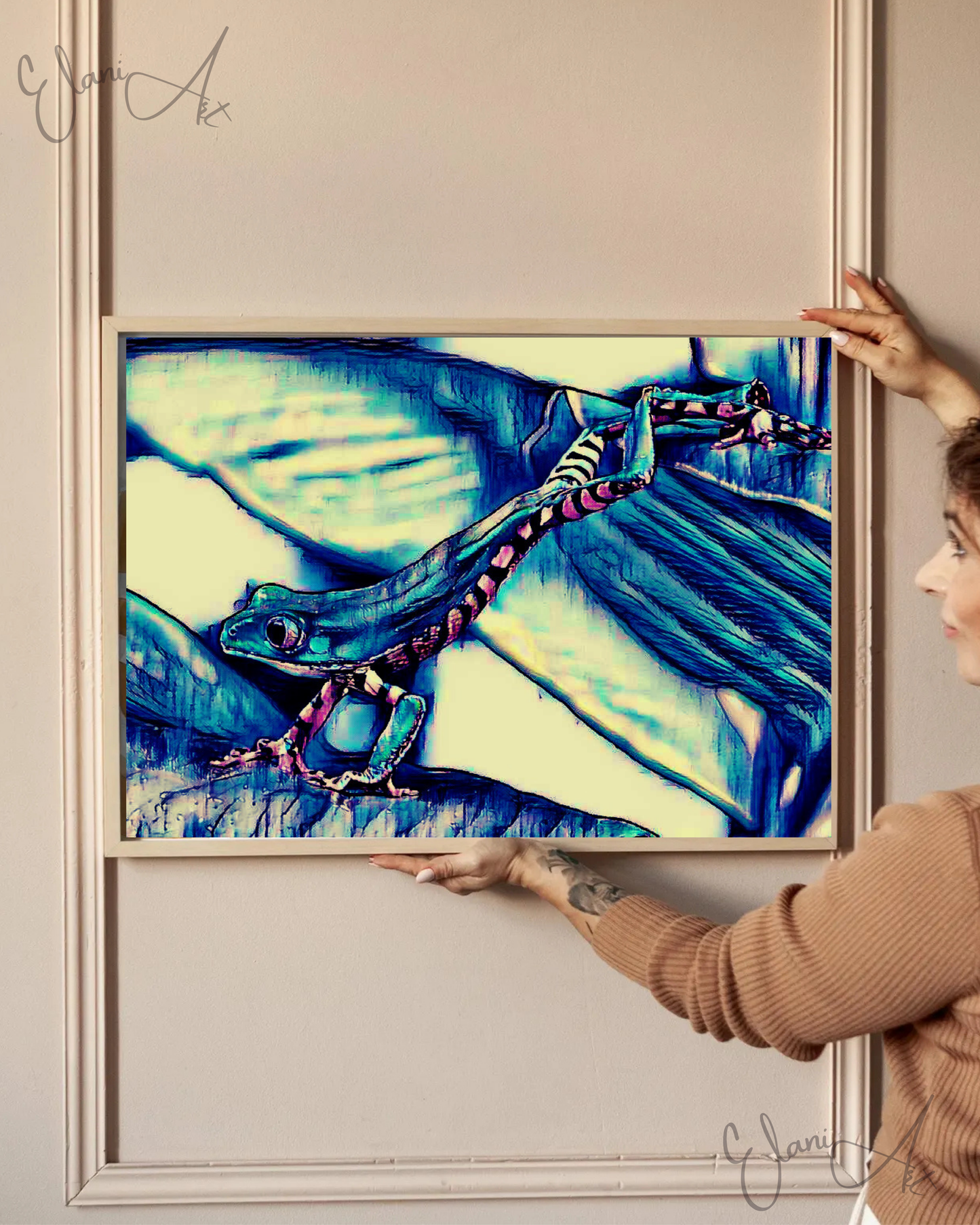 THE FROG - An Original Vivid Blue White Frog Amphibian Vertebrates Wildlife Portrait Impressionistic Wall Artwork Print by ElaniArt