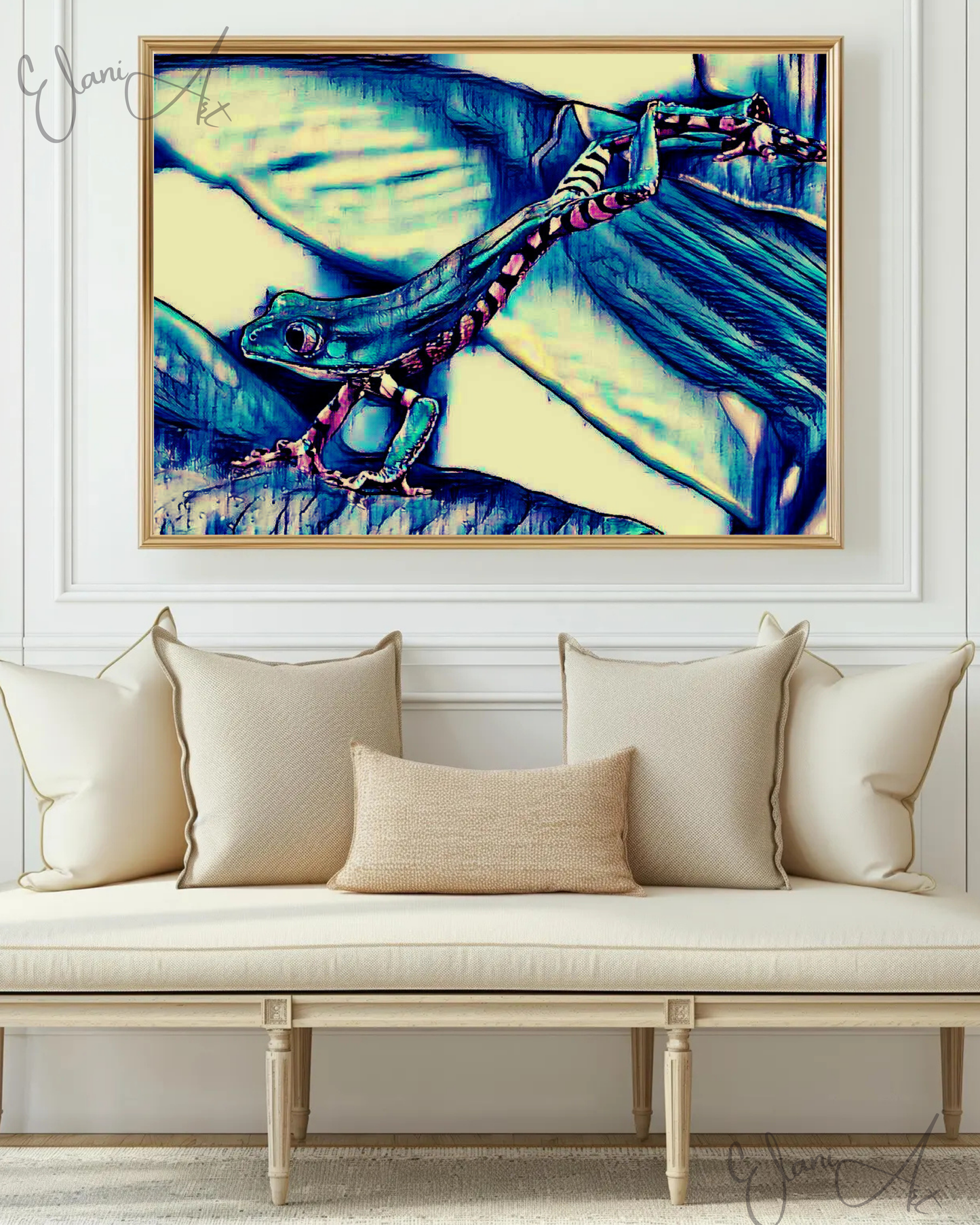 THE FROG - An Original Vivid Blue White Frog Amphibian Vertebrates Wildlife Portrait Impressionistic Wall Artwork Print by ElaniArt