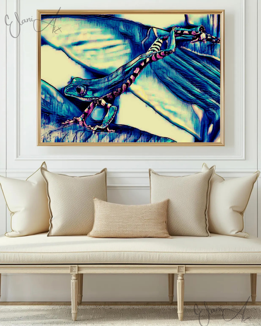THE FROG - An Original Vivid Blue White Frog Amphibian Vertebrates Wildlife Portrait Impressionistic Wall Artwork Print by ElaniArt