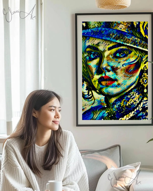 THE GENTLE LADY - An Original Vibrant Blue Green Colorful Woman Portrait Victorian Hat Earrings Impressionistic Artwork Print by ElaniArt