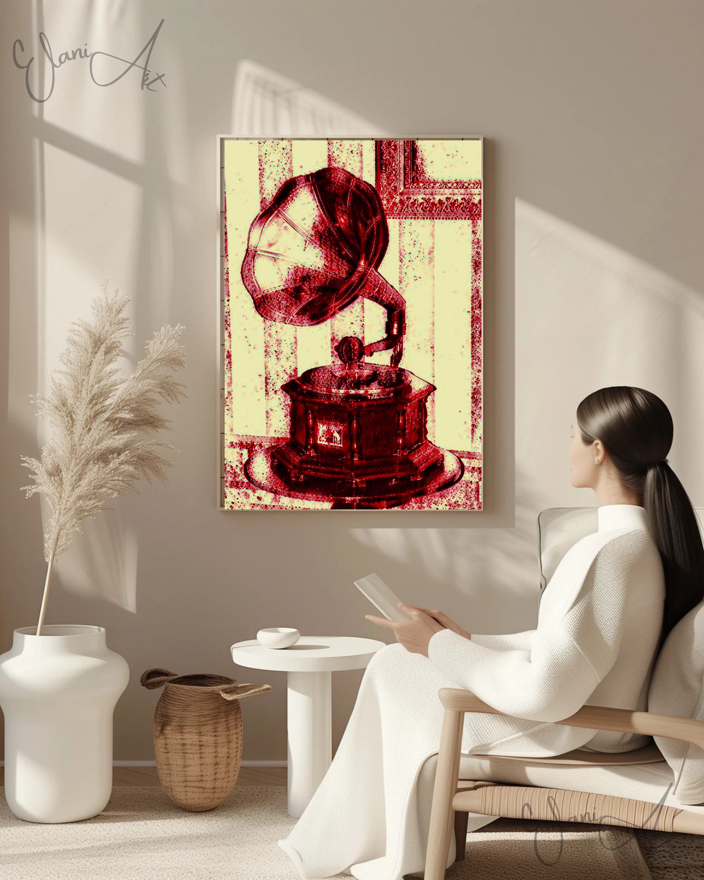 THE GRAMOPHONE - An Original Vivid Red Ivory Phonograph 1940s Record Player Turntable Music Impressionistic Wall Artwork Print by ElaniArt