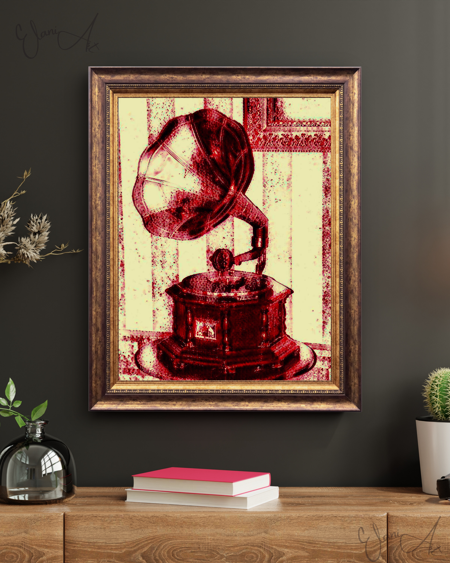 THE GRAMOPHONE - An Original Vivid Red Ivory Phonograph 1940s Record Player Turntable Music Impressionistic Wall Artwork Print by ElaniArt