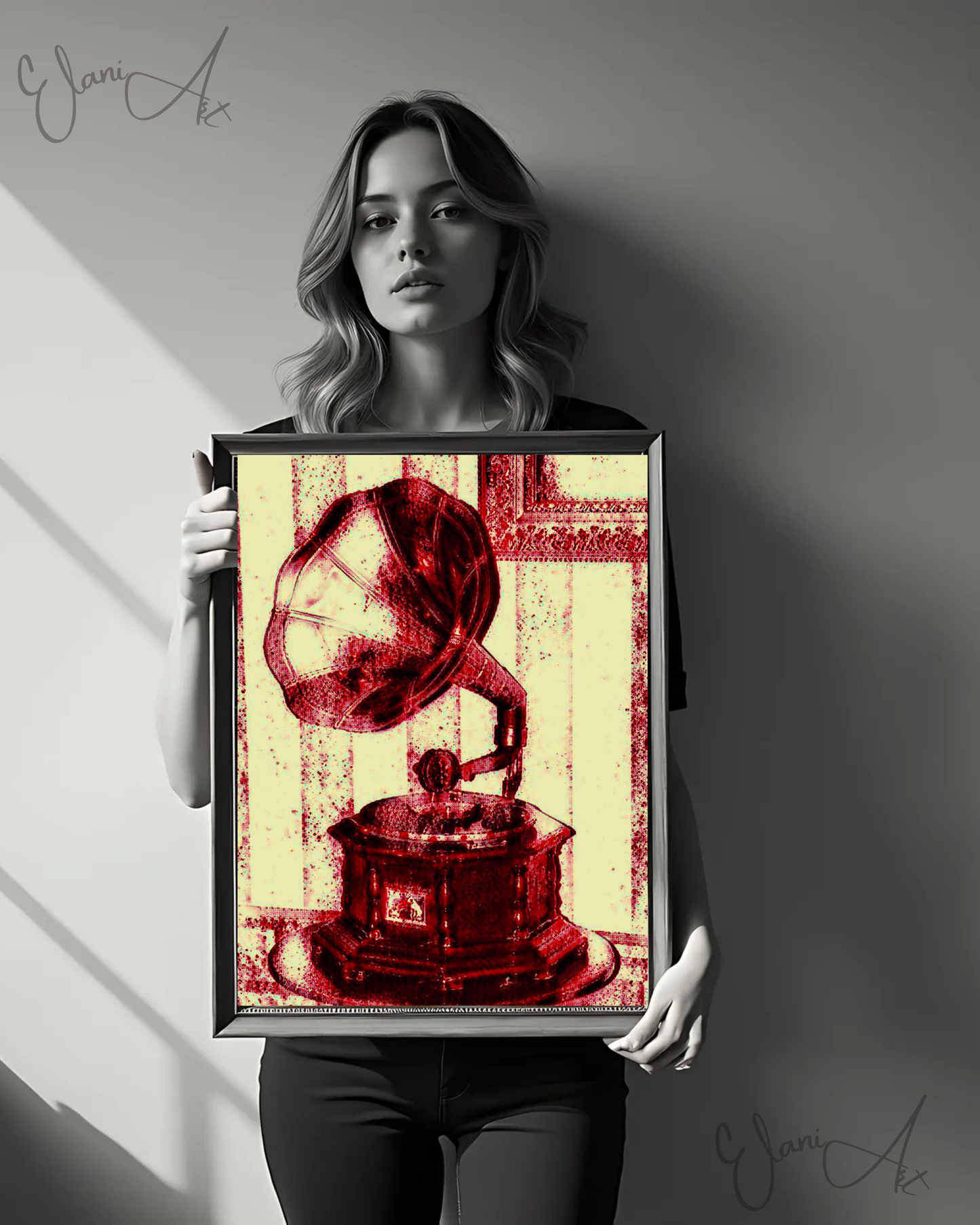 THE GRAMOPHONE - An Original Vivid Red Ivory Phonograph 1940s Record Player Turntable Music Impressionistic Wall Artwork Print by ElaniArt