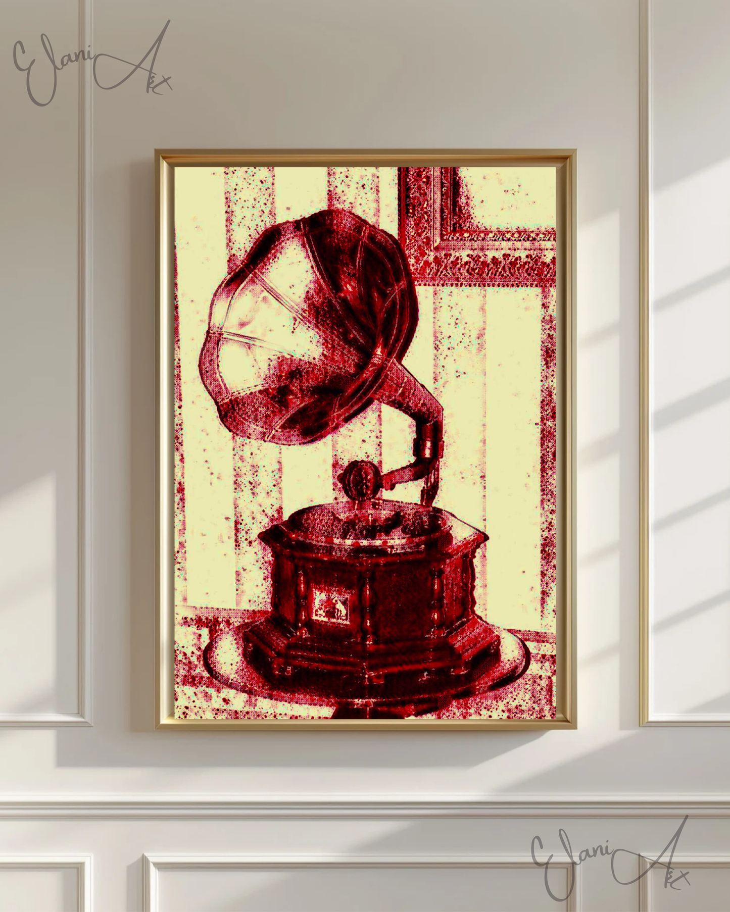 THE GRAMOPHONE - An Original Vivid Red Ivory Phonograph 1940s Record Player Turntable Music Impressionistic Wall Artwork Print by ElaniArt