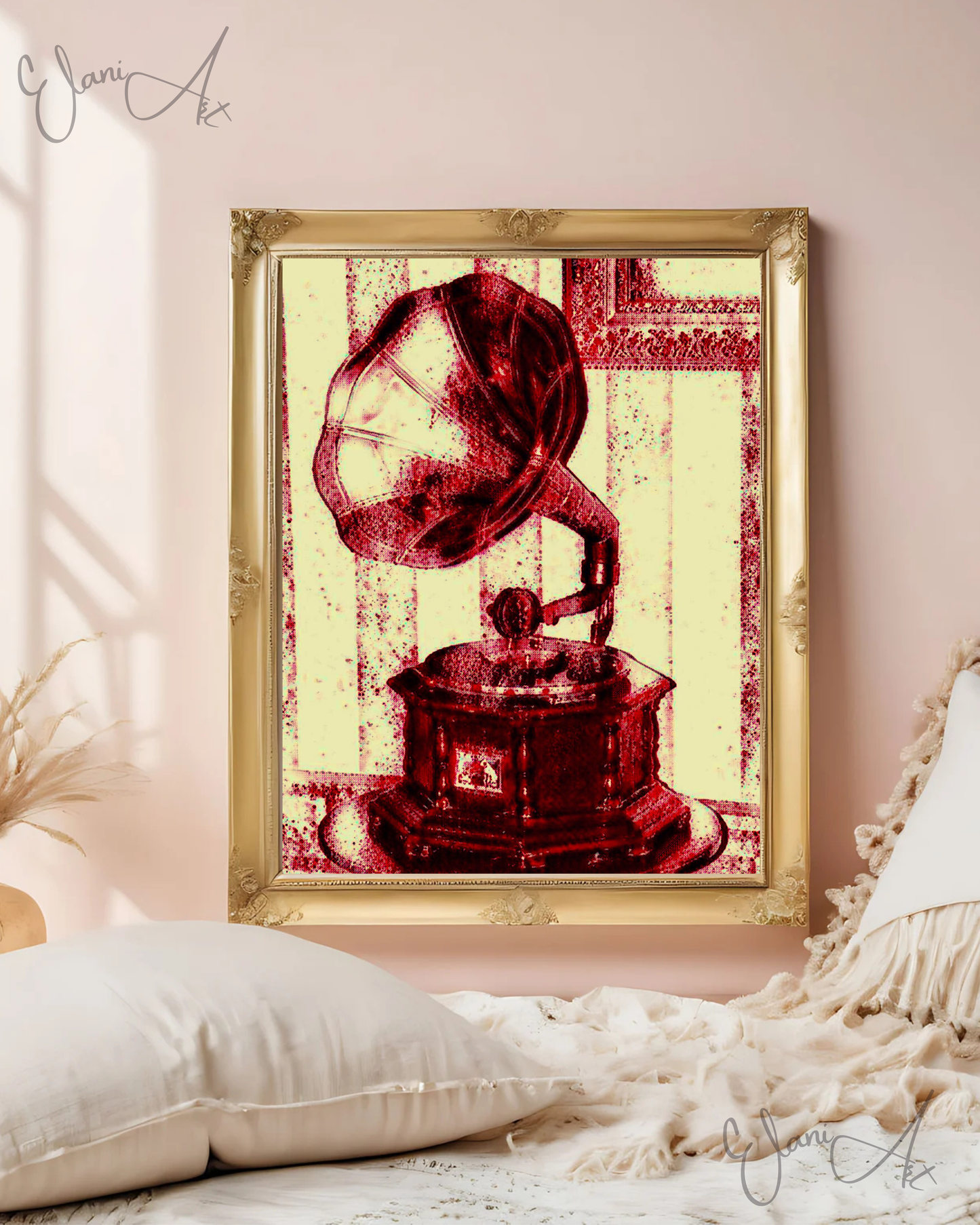 THE GRAMOPHONE - An Original Vivid Red Ivory Phonograph 1940s Record Player Turntable Music Impressionistic Wall Artwork Print by ElaniArt